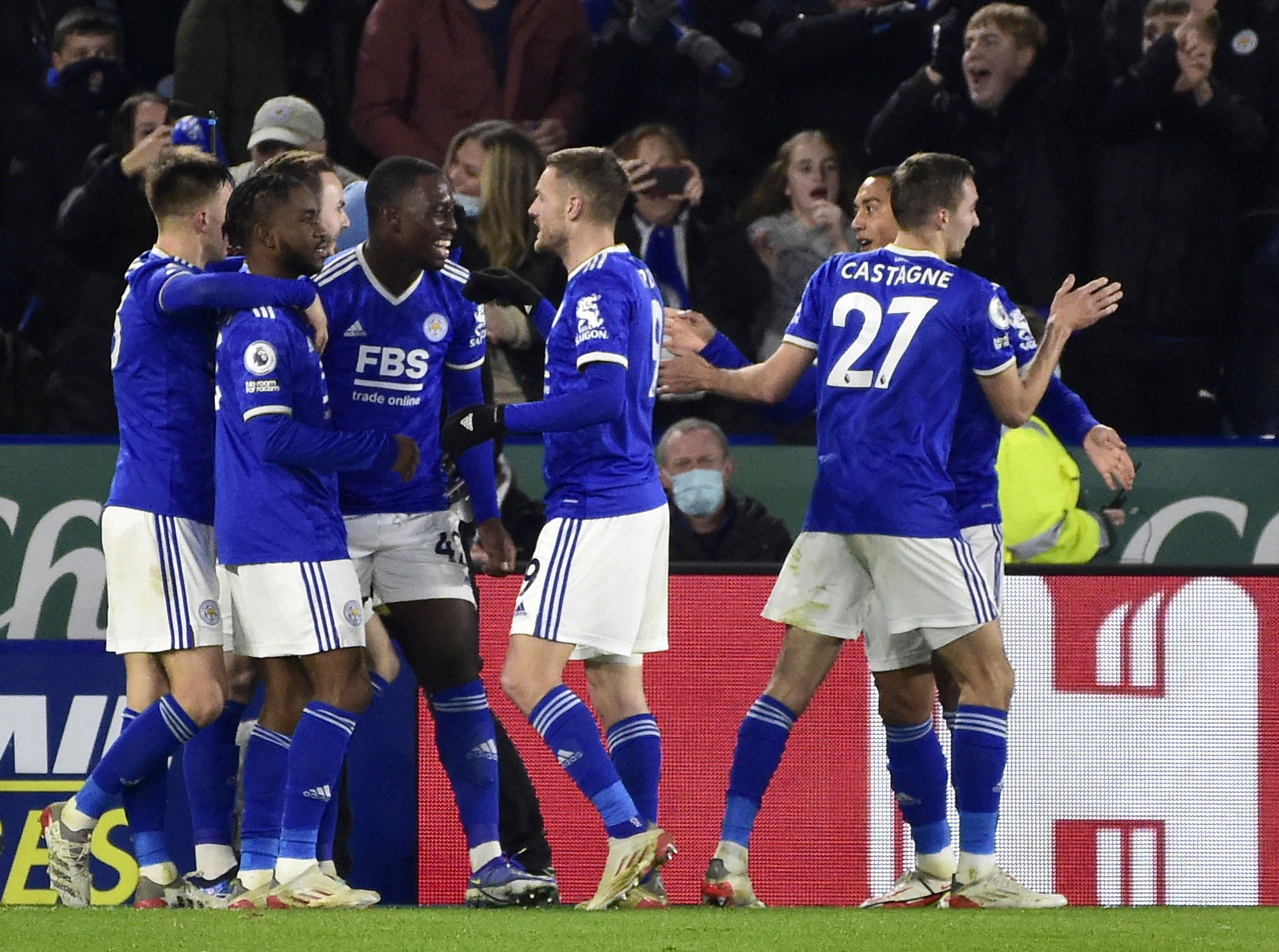 Soccer Football - Premier League - Leicester City v Liverpool - King Power Stadium, Leicester, Britain - December 28, 2021 Leicester City's Ademola Lookman celebrates scoring their first goal with teammates REUTERS