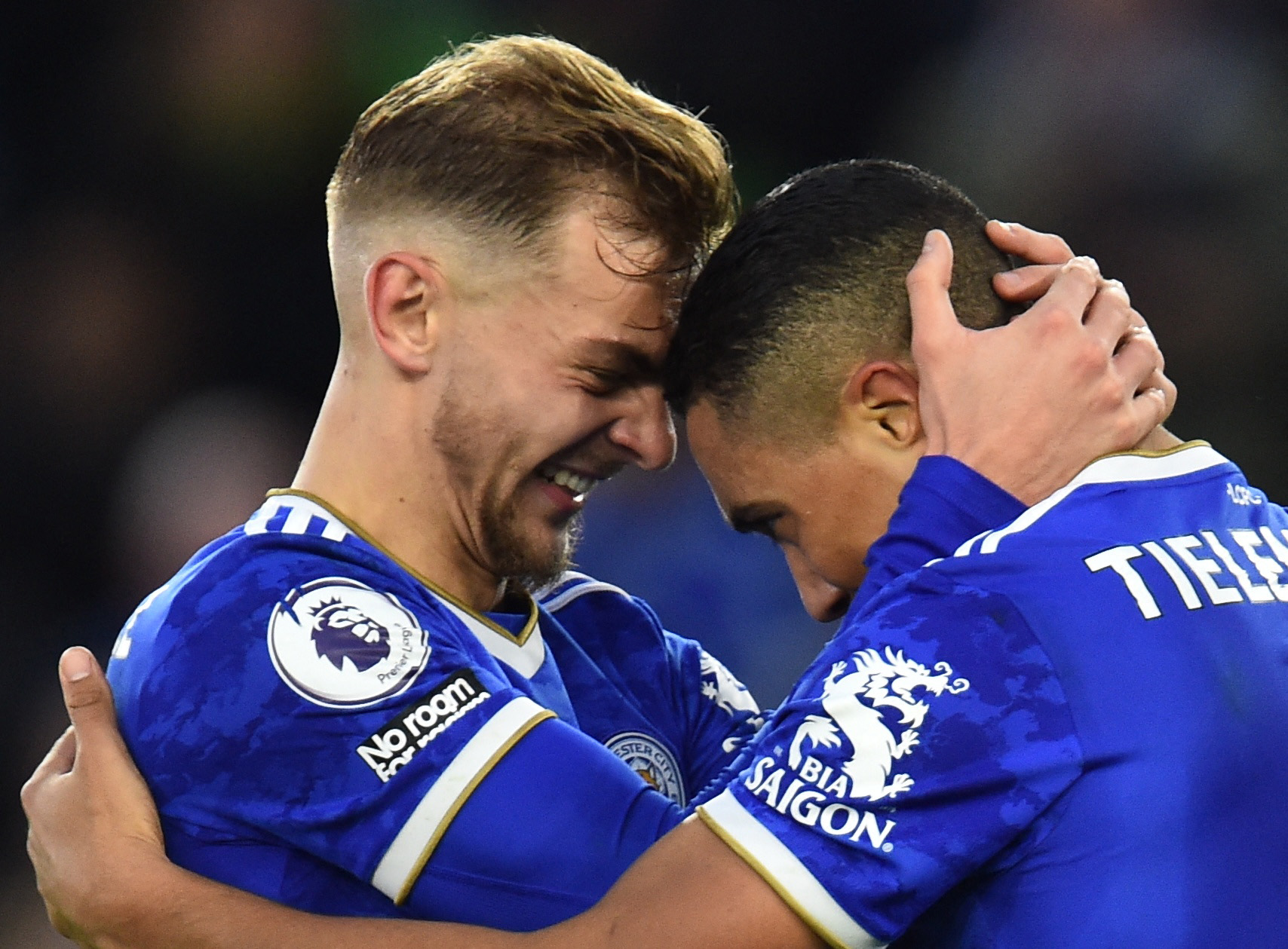 Soccer Football - Premier League - Leicester City v Newcastle United - King Power Stadium, Leicester, Britain - December 12, 2021 Leicester City's Youri Tielemans celebrates scoring their third goal with Leicester City's Kiernan Dewsbury-Hall REUTERS