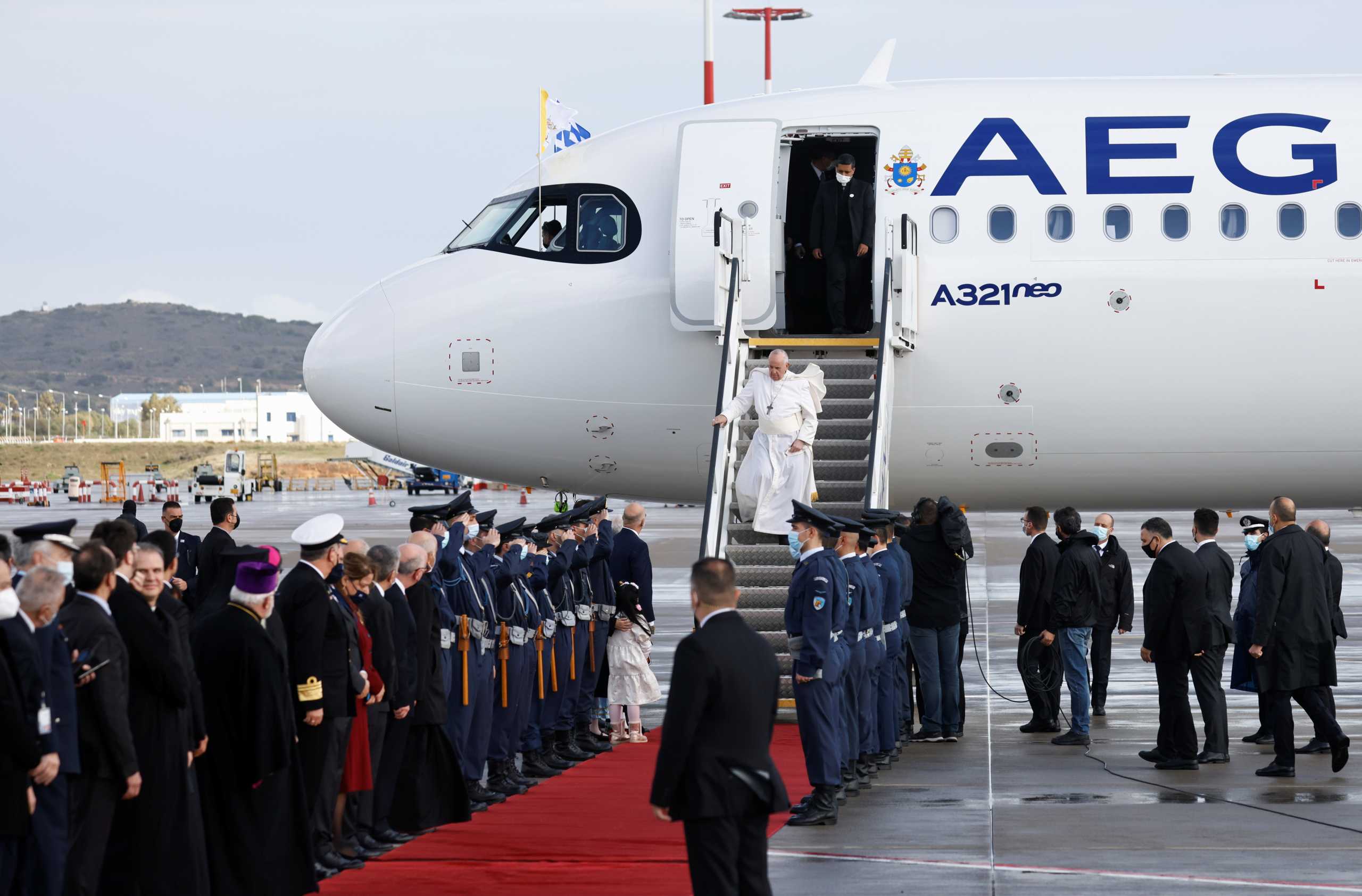 Pope Francis arrives at Athens International Airport in Athens, Greece, December 4, 2021. REUTERS