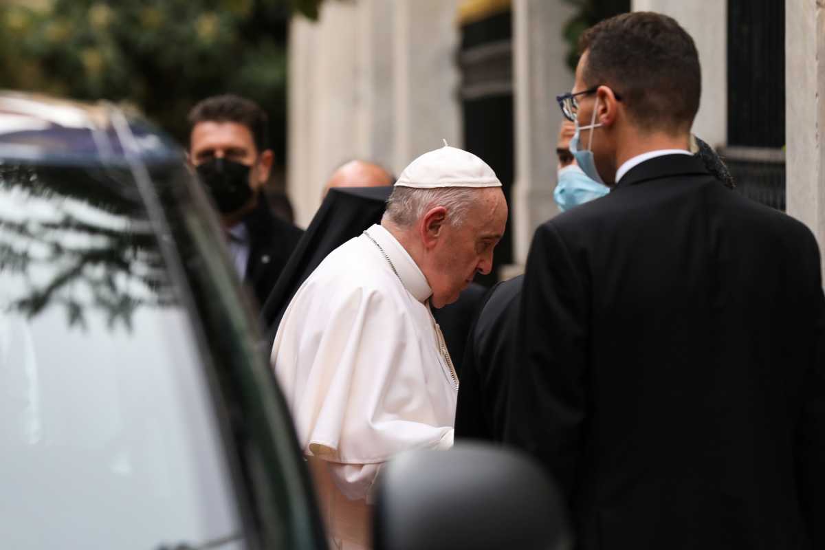 Pope Francis arrives at the Orthodox Archbishopric of Greece for a meeting with Greek Orthodox church Archbishop Ieronimos in Athens, Greece, December 4, 2021. REUTERS