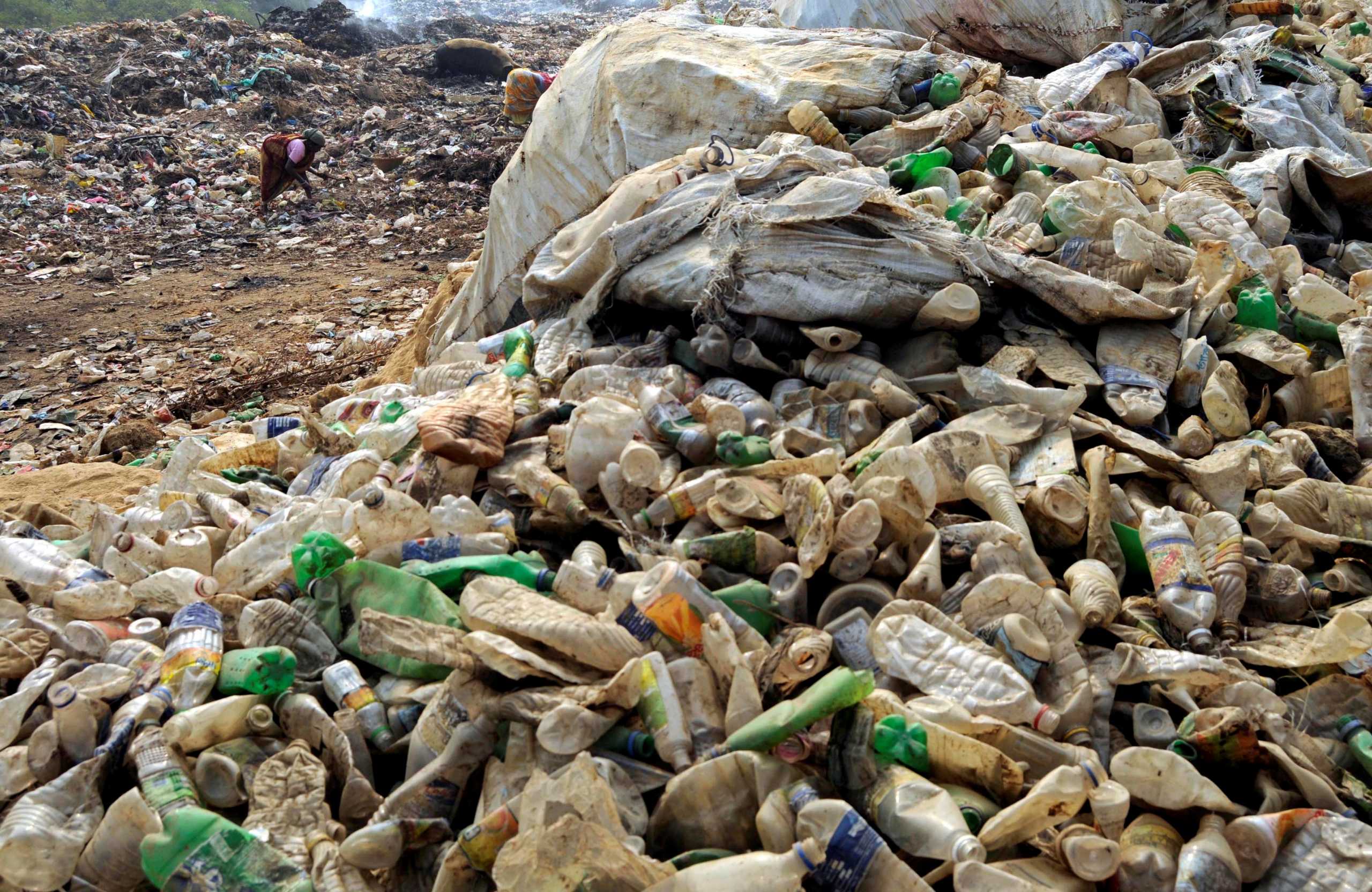 FILE PHOTO: A woman collects plastic bottles for recycling at the garbage dump on the outskirts of Agartala, capital of India's northeastern state of Tripura December 6, 2009. REUTERS