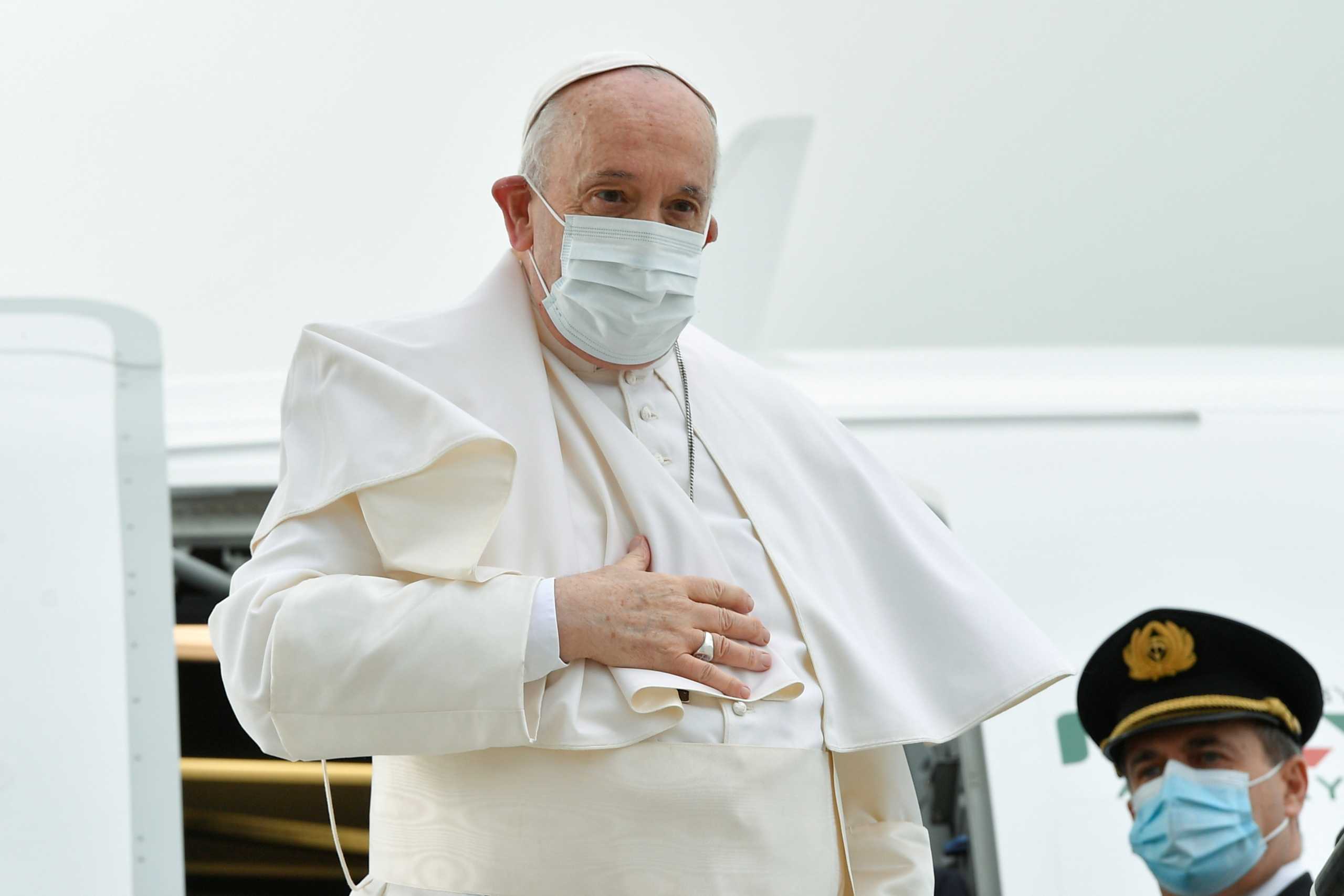 Pope Francis departs on a new Italian carrier Italia Trasporto Aereo (ITA) plane for his visit to Cyprus and Greece, at Fiumicino airport near Rome, Italy, December 2, 2021. Vatican Media