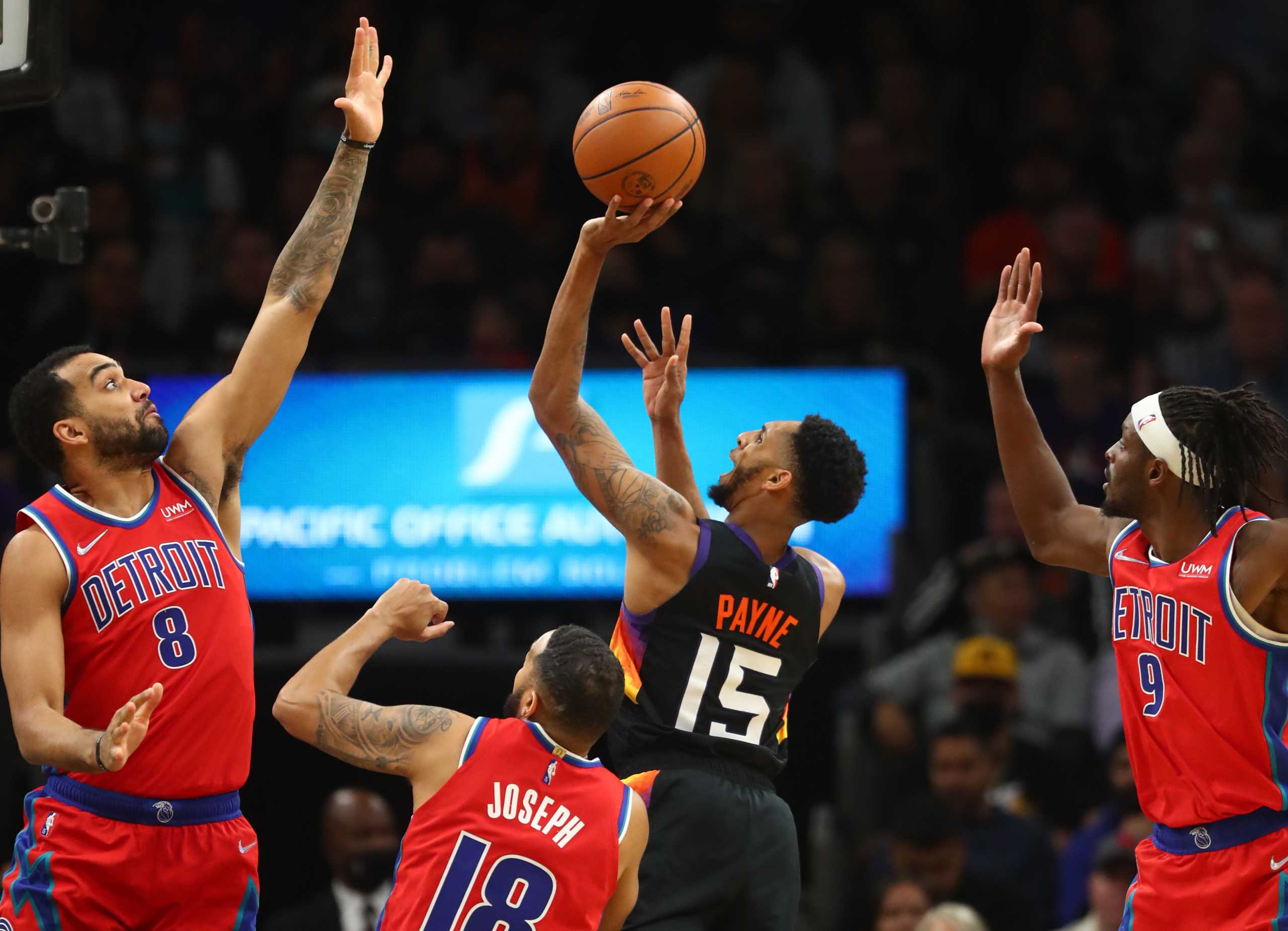 Dec 2, 2021; Phoenix, Arizona, USA; Phoenix Suns guard Cameron Payne (15) against the Detroit Pistons in the first half at Footprint Center. Mandatory Credit: Mark J. Rebilas-USA TODAY Sports