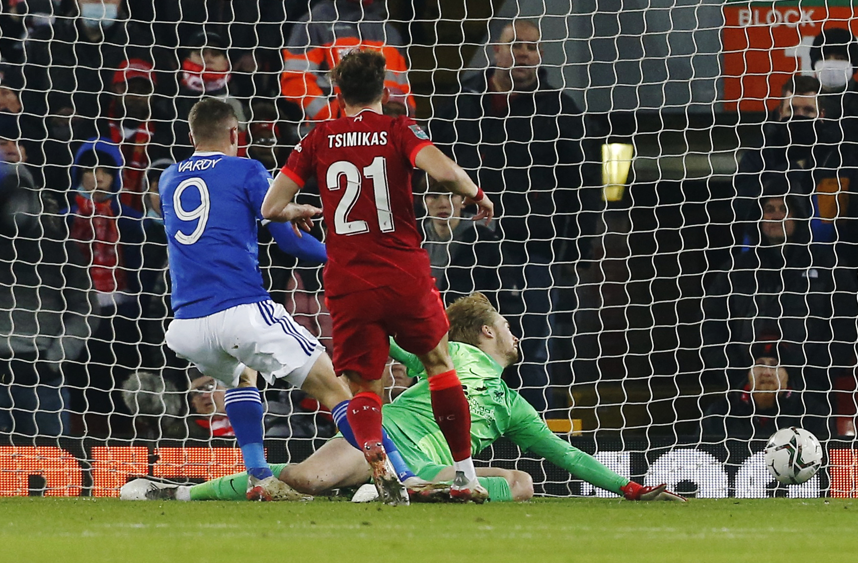 Soccer Football - Carabao Cup - Quarter Final - Liverpool v Leicester City - Anfield, Liverpool, Britain - December 22, 2021 Leicester City's Jamie Vardy scores their first goal REUTERS