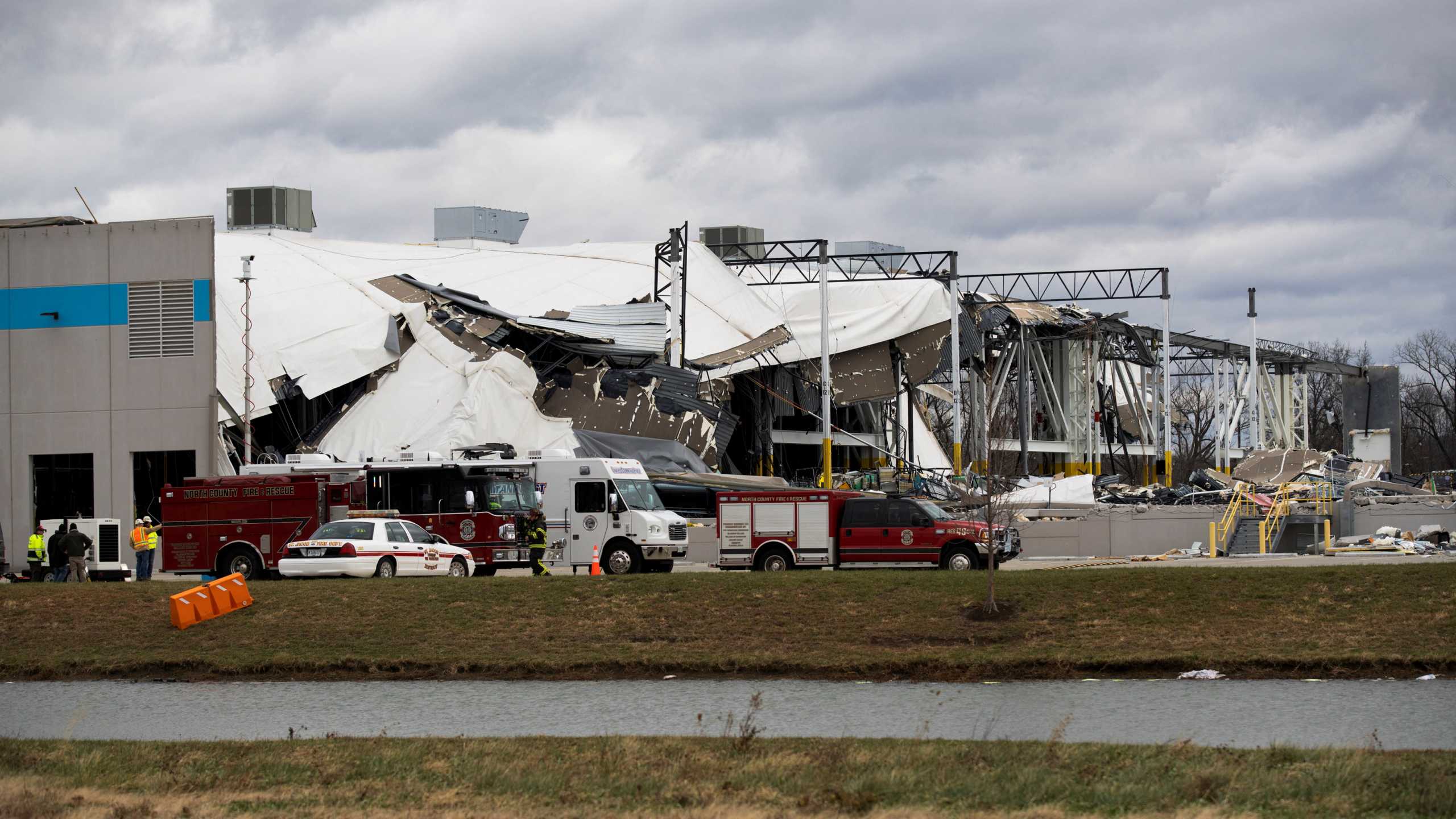 A collapsed roof is seen at an Amazon distribution center after a tornado hits Edwardsville, in Illinois, U.S. December 11, 2021. REUTERS