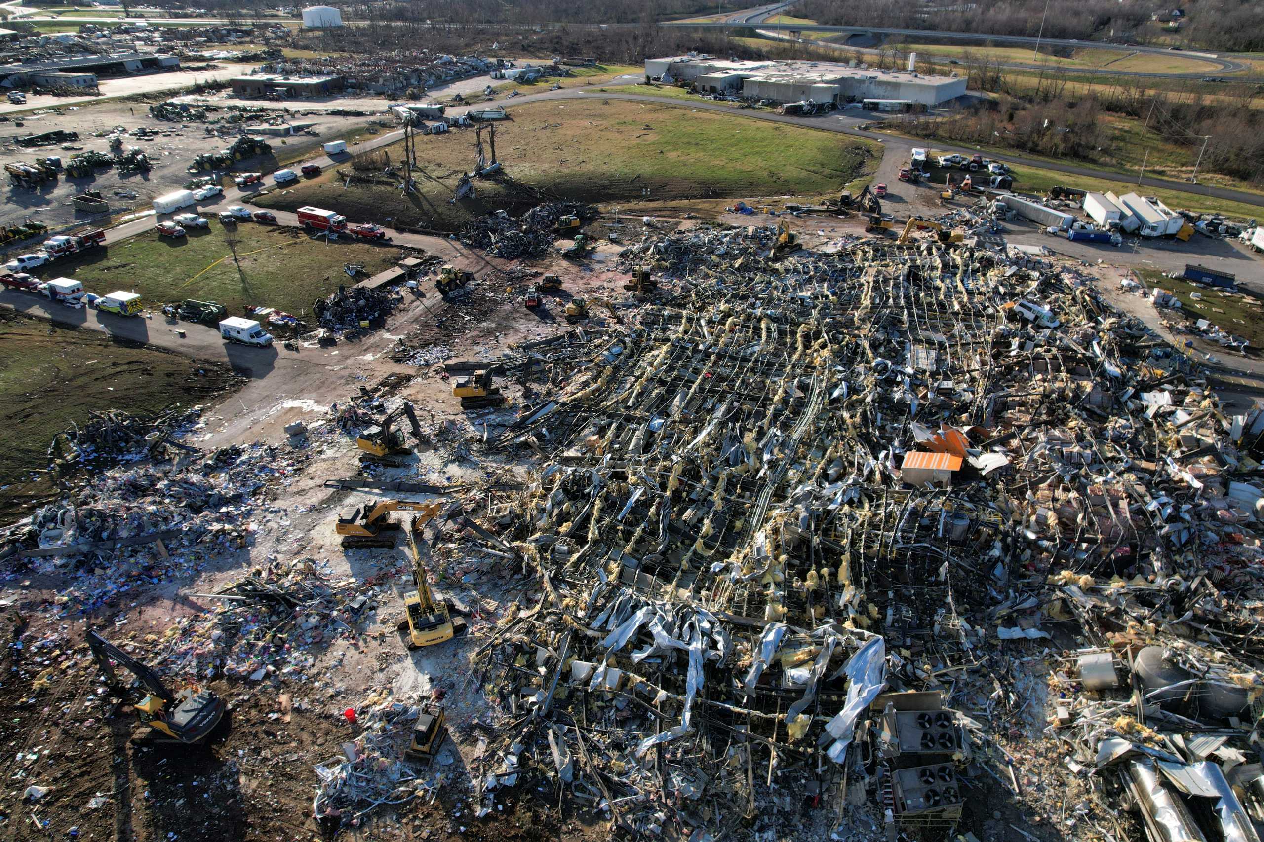 A general view of damage and debris of a candle factory after a devastating outbreak of tornadoes ripped through several U.S. states, in Mayfield, Kentucky, U.S., December 11, 2021. Picture taken with a drone. REUTERS