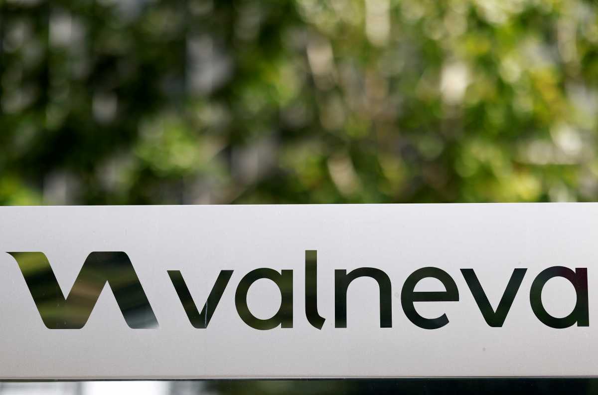 FILE PHOTO: The logo of Valneva SE is pictured at the company's headquarters in Saint-Herblain, near Nantes, France, September 13, 2021. REUTERS