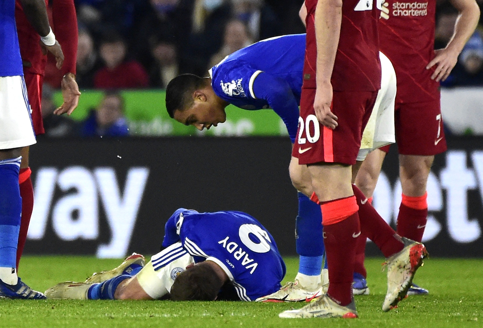 Soccer Football - Premier League - Leicester City v Liverpool - King Power Stadium, Leicester, Britain - December 28, 2021 Leicester City's Jamie Vardy after sustaining an injury REUTERS