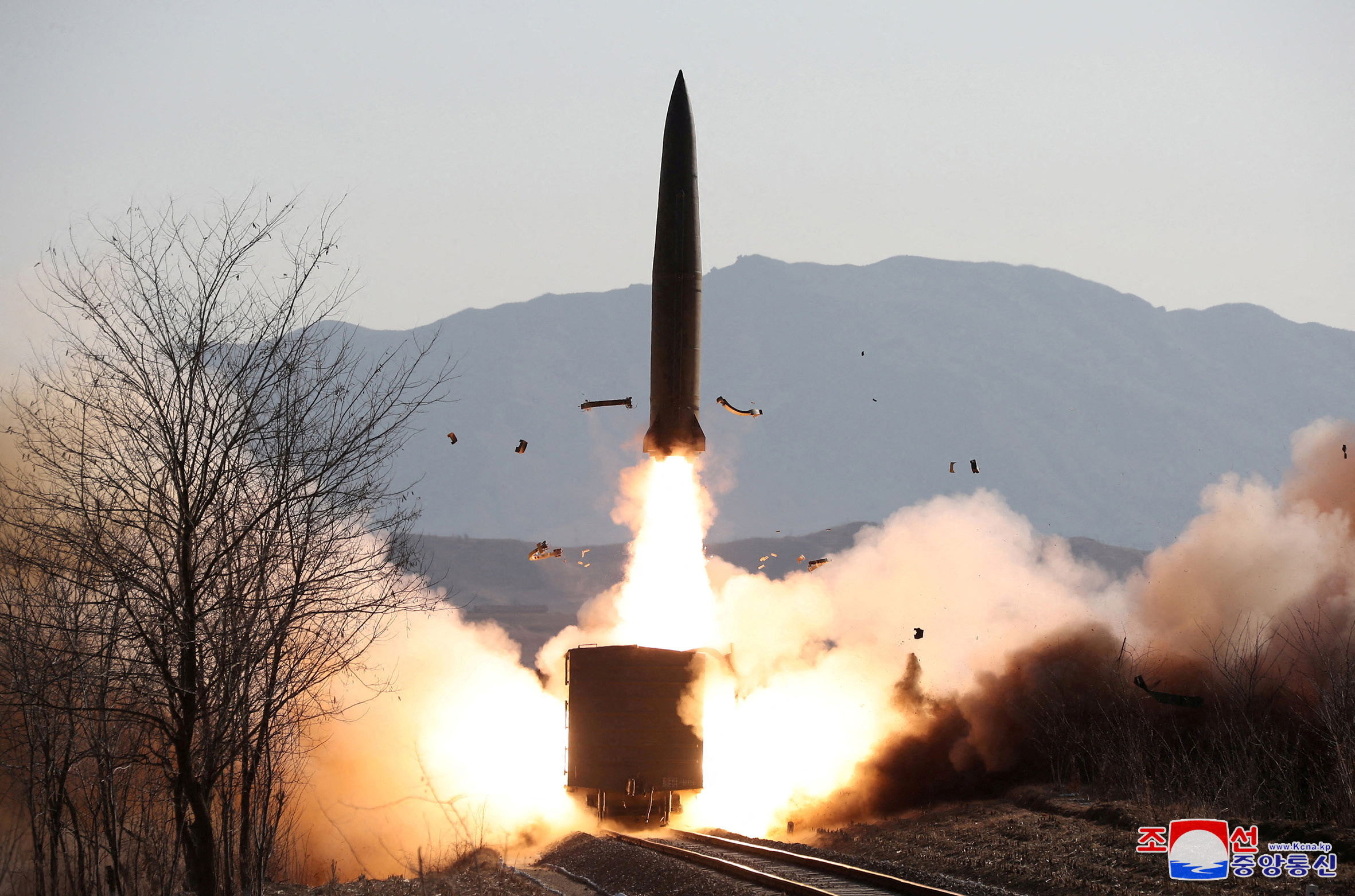 FILE PHOTO: A railway-born missile is launched during firing drills according to state media, at an undisclosed location in North Korea, in this photo released January 14, 2022 by North Korea's Korean Central News Agency (KCNA).   KCNA via REUTERS    ATTENTION EDITORS - THIS IMAGE WAS PROVIDED BY A THIRD PARTY. REUTERS IS UNABLE TO INDEPENDENTLY VERIFY THIS IMAGE. NO THIRD PARTY SALES. SOUTH KOREA OUT. NO COMMERCIAL OR EDITORIAL SALES IN SOUTH KOREA.