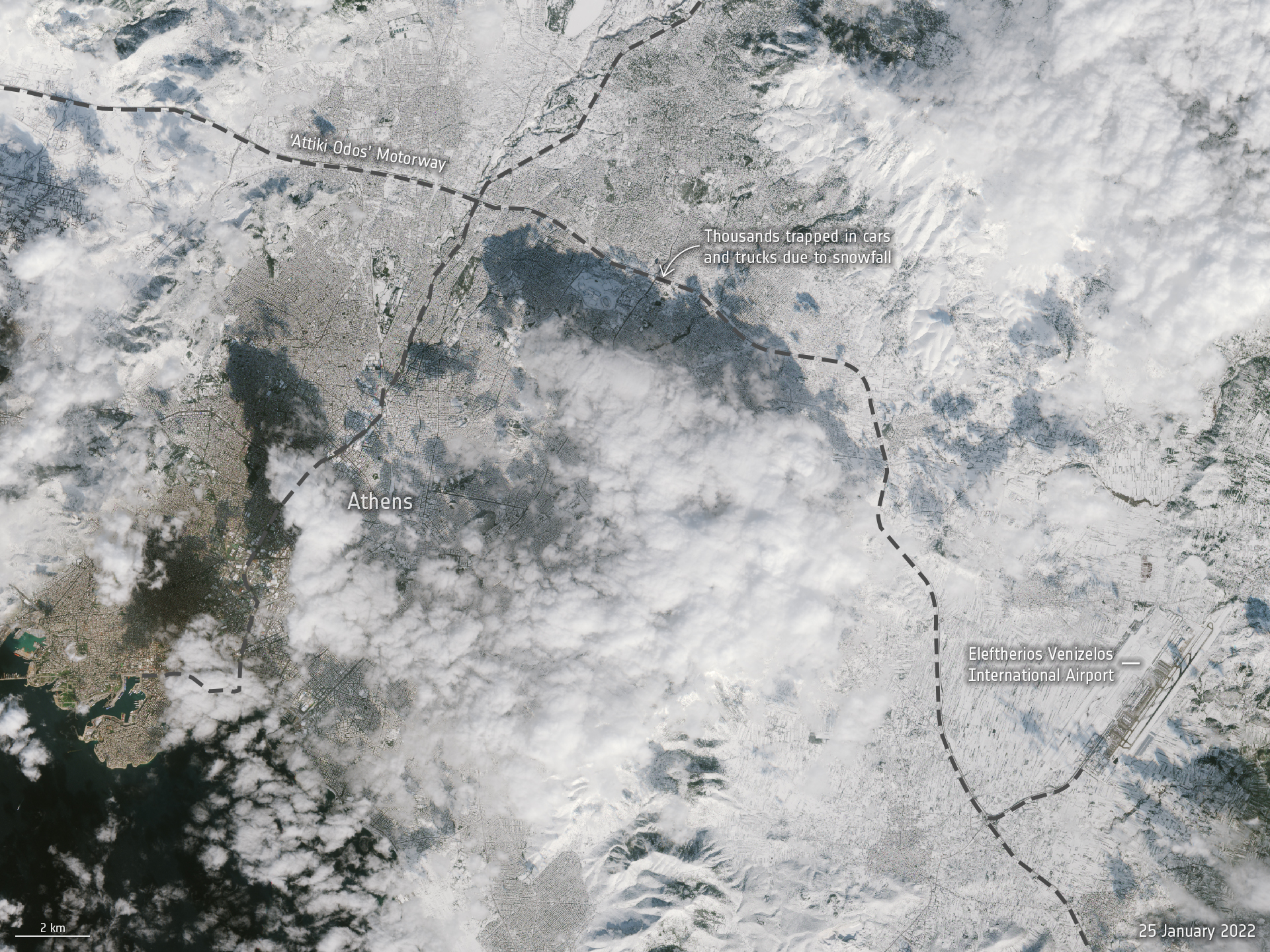 Φωτογραφία της χιονισμένης Αθήνας από το διάστημα – Τι κατέγραψε ο ευρωπαϊκός δορυφόρος Copernicus Sentinel-2