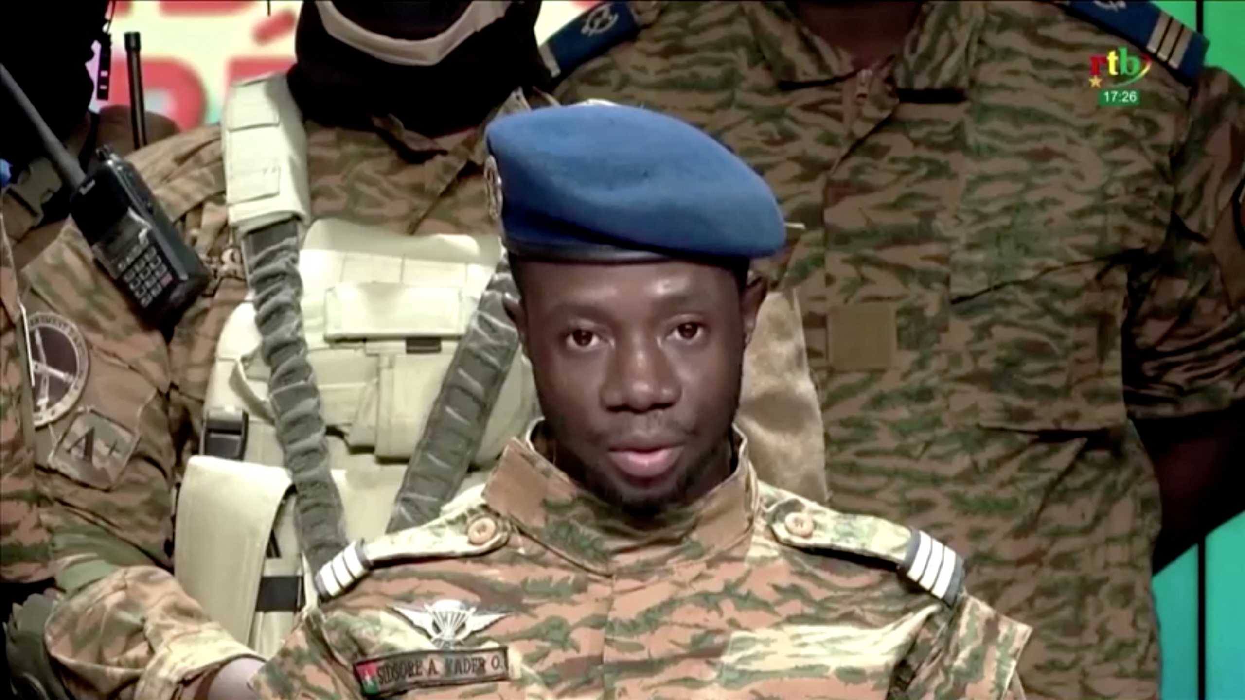 Captain Sidsore Kader Ouedraogo, spokesman for the Patriotic Movement for Safeguarding and Restoration, announces that the army has taken control of the country in Ouagadougou, Burkina Faso January 24, 2022. RTB