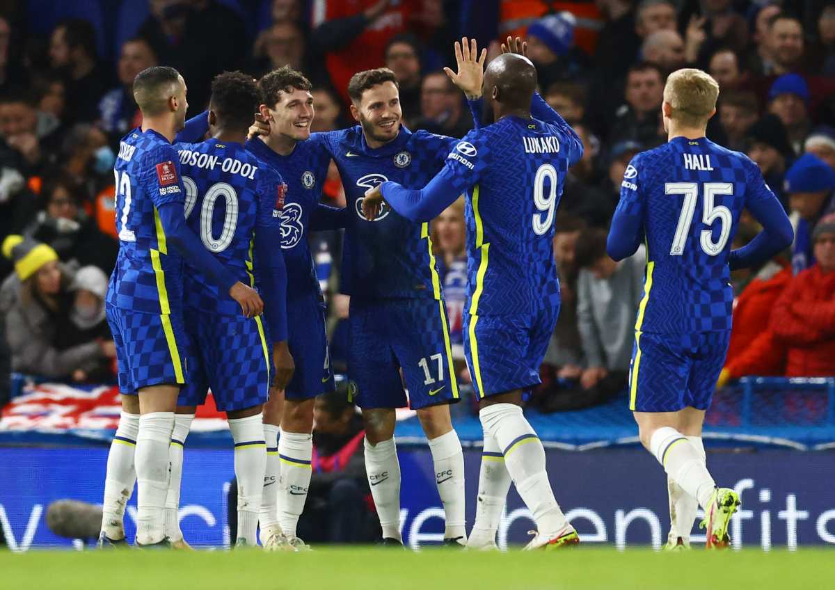 Soccer Football - FA Cup Third Round - Chelsea v Chesterfield - Stamford Bridge, London, Britain - January 8, 2022  Chelsea's Andreas Christensen celebrates scoring their fourth goal with teammates REUTERS