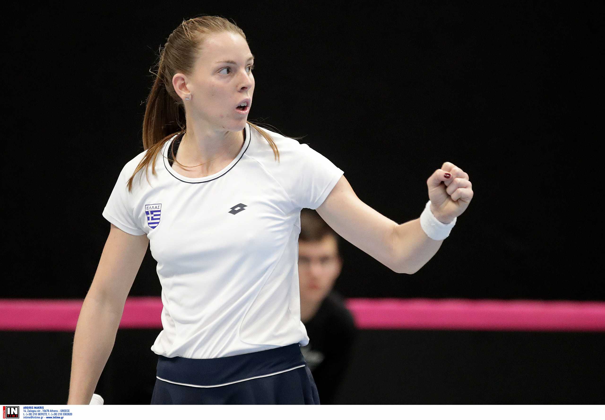 TALLINN,ESTONIA,05.FEB.20 - TENNIS - ITF Fed Cup. Image shows the rejoicing of Despina Papamichail (GRE). Photo: GEPA pictures