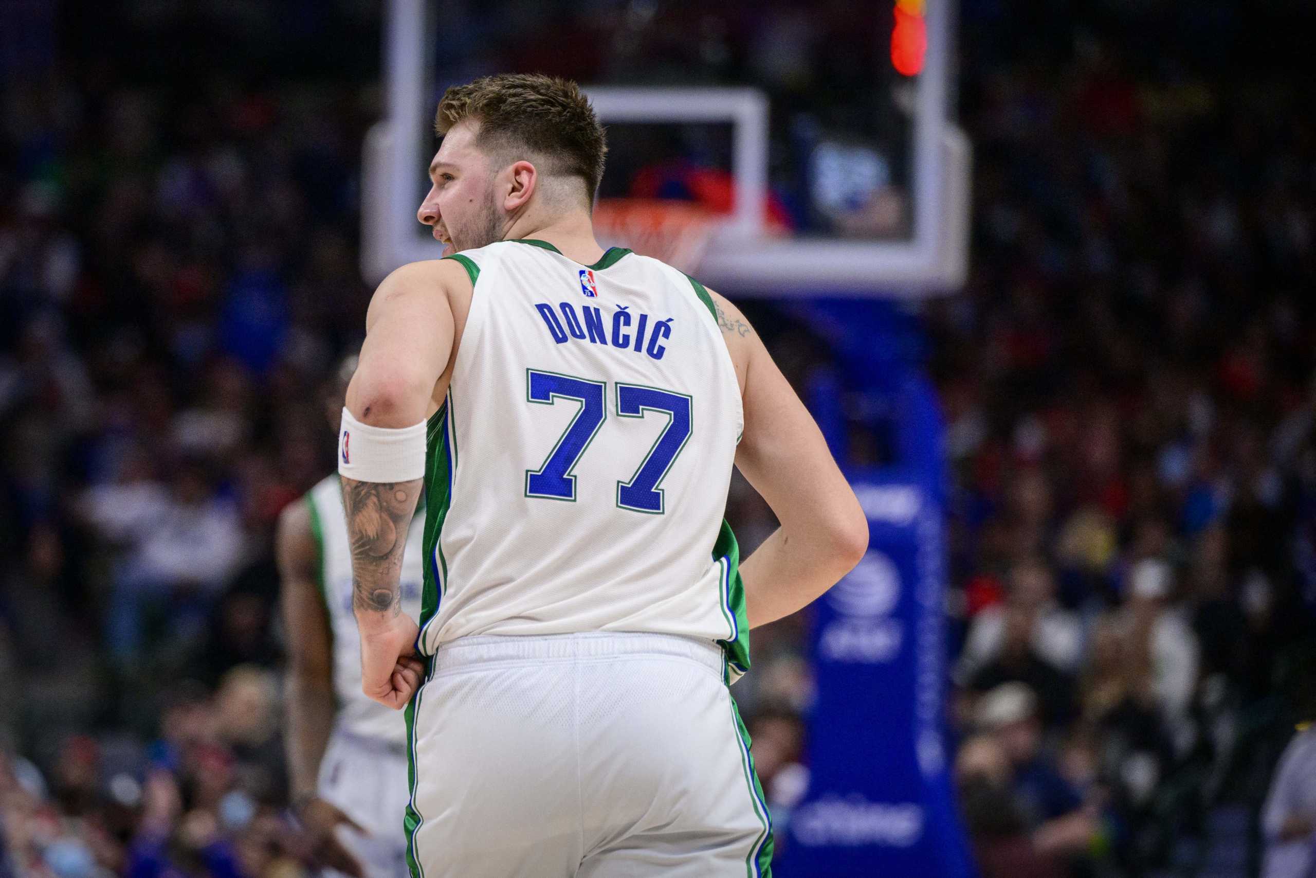 Jan 9, 2022; Dallas, Texas, USA; Dallas Mavericks guard Luka Doncic (77) runs back up the court during the second half against the Chicago Bulls at the American Airlines Center. Mandatory Credit: Jerome Miron-USA TODAY Sports