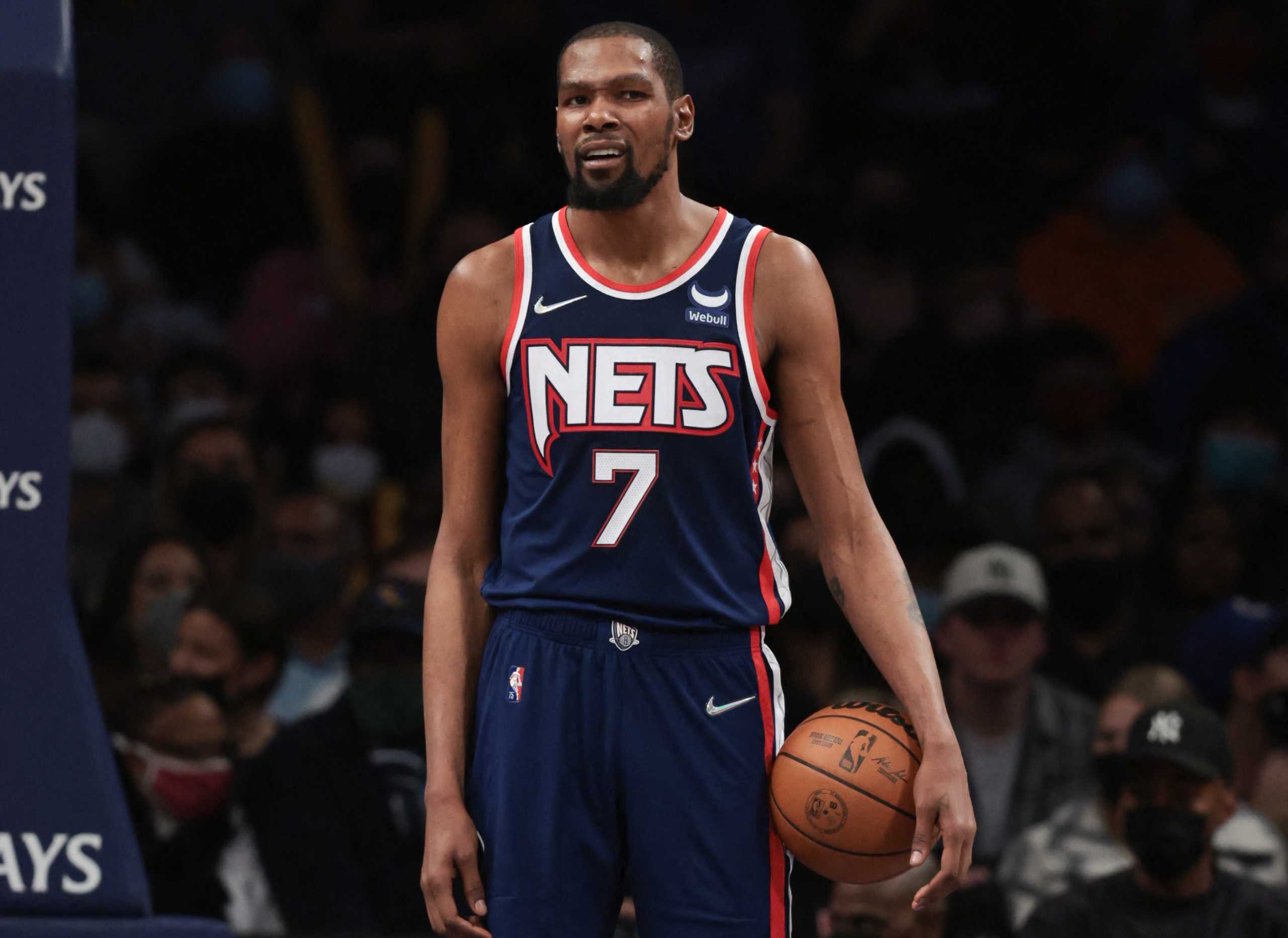 Dec 30, 2021; Brooklyn, New York, USA; Brooklyn Nets forward Kevin Durant (7) reacts after a call during the second half against the Philadelphia 76ers at Barclays Center. Mandatory Credit: Vincent Carchietta-USA TODAY Sports