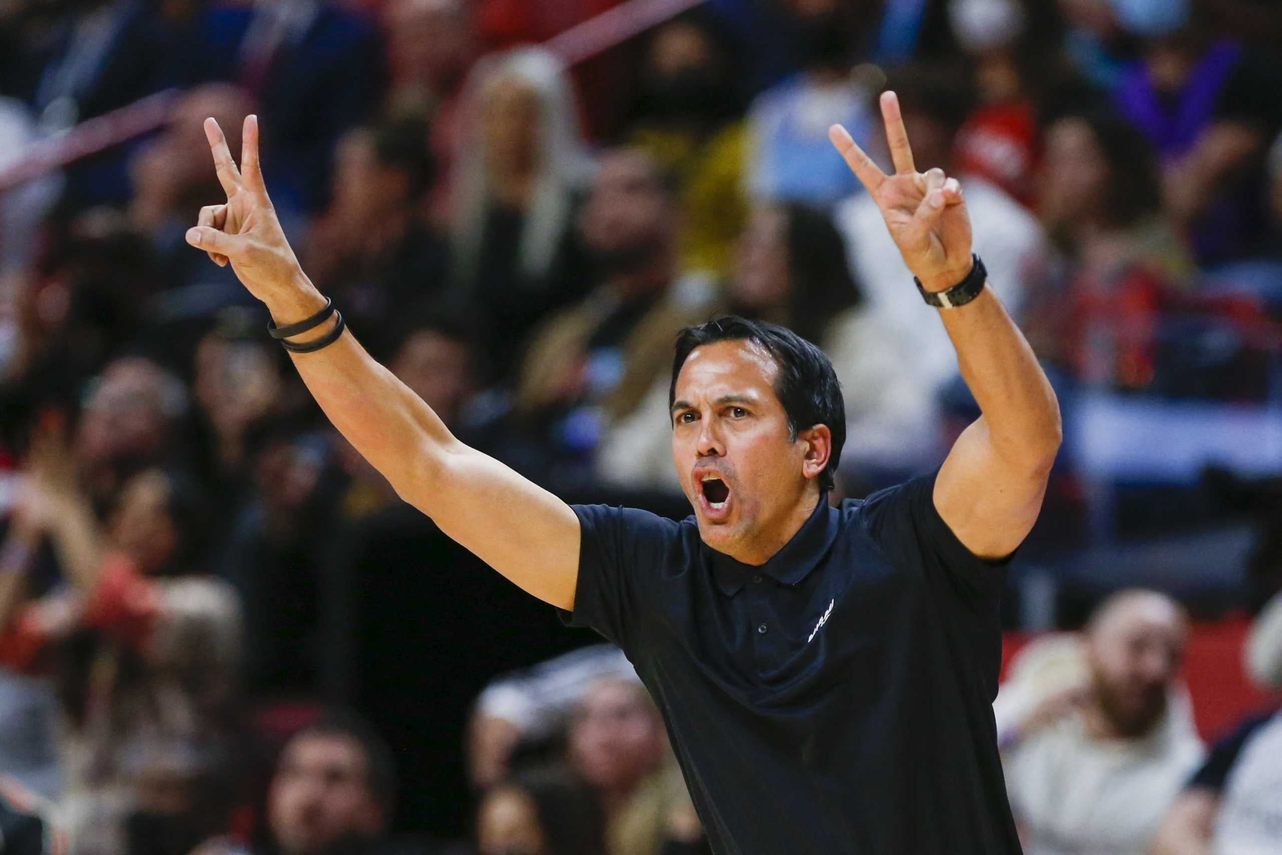Jan 29, 2022; Miami, Florida, USA; Miami Heat head coach Erik Spoelstra reacts from the sideline during the fourth quarter of the game against the Toronto Raptors at FTX Arena. Mandatory Credit: Sam Navarro-USA TODAY Sports