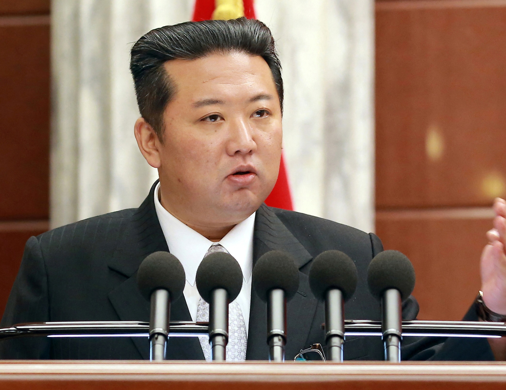 North Korean leader Kim Jong Un attends a plenary meeting of the Central Committee of the ruling Workers' Party in this photo released on December 28, 2021 by North Korea's Korean Central News Agency (KCNA). KCNA