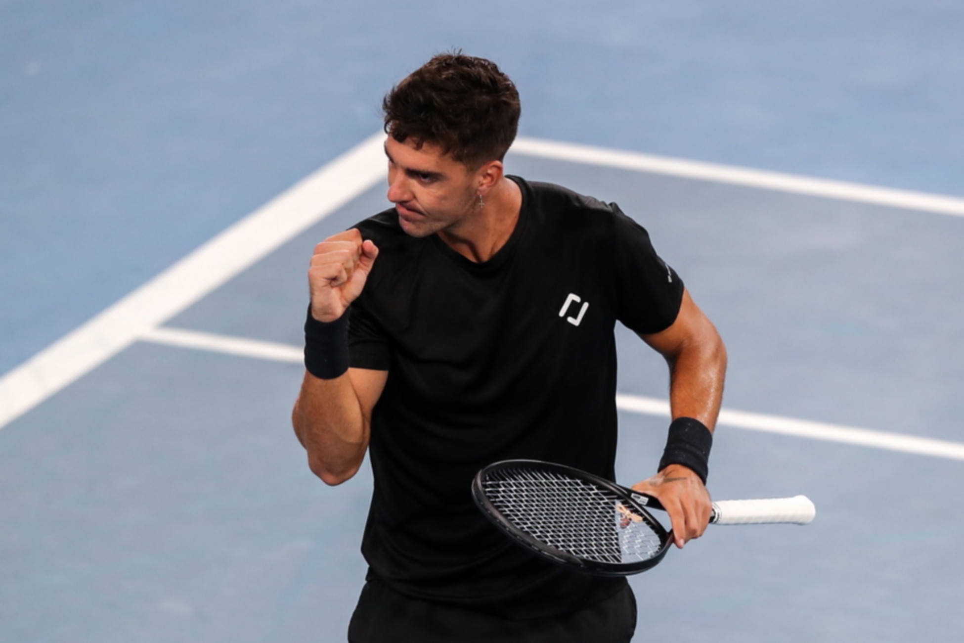 epa09665762 Thanasi Kokkinakis of Australia reacts during his match with John Millman of Australia on Day 2 of the Adelaide International Tennis Tournament, at Memorial Drive, in Adelaide, Australia, 04 January, 2022.  EPA