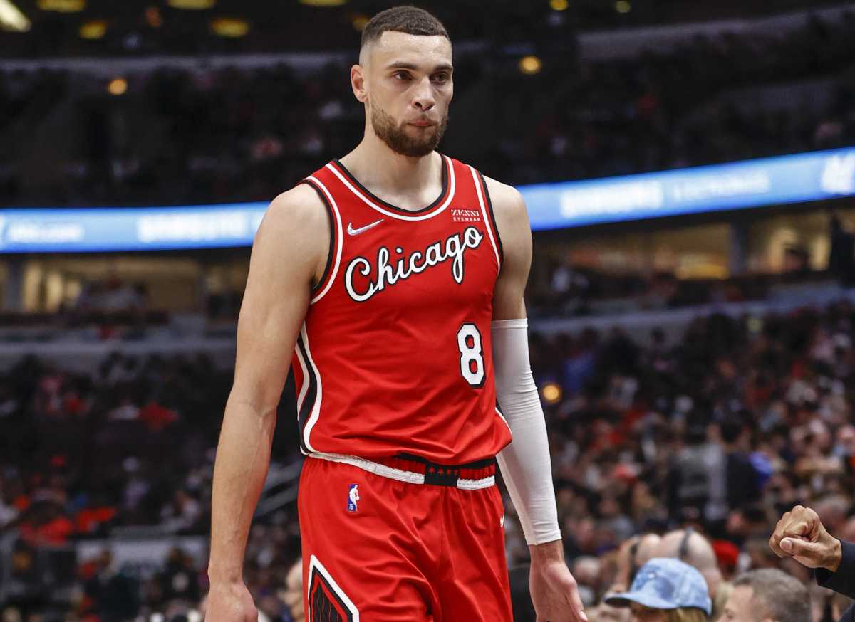 Jan 12, 2022; Chicago, Illinois, USA; Chicago Bulls guard Zach LaVine (8) reacts as he leaves the game against the Brooklyn Nets during the second half at United Center. Mandatory Credit: Kamil Krzaczynski-USA TODAY Sports