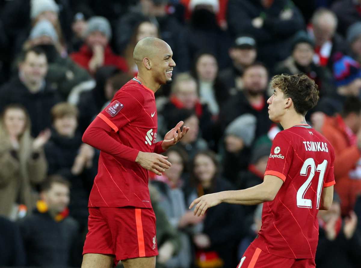 Soccer Football - FA Cup Third Round - Liverpool v Shrewsbury Town - Anfield, Liverpool, Britain - January 9, 2022 Liverpool's Fabinho celebrates scoring their fourth goal with Kostas Tsimikas REUTERS