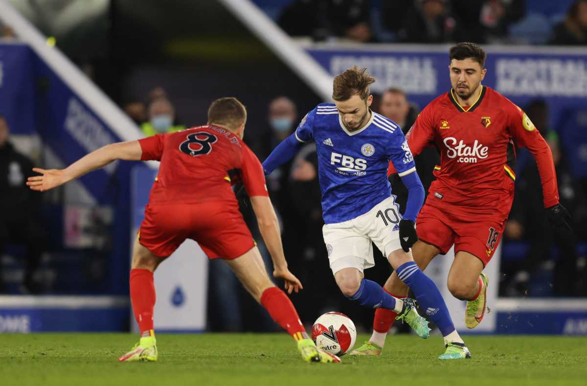 Soccer Football - FA Cup Third Round - Leicester City v Watford - King Power Stadium, Leicester, Britain - January 8, 2022 Leicester City's James Maddison in action with Watford's Tom Cleverley Action Images via Reuters