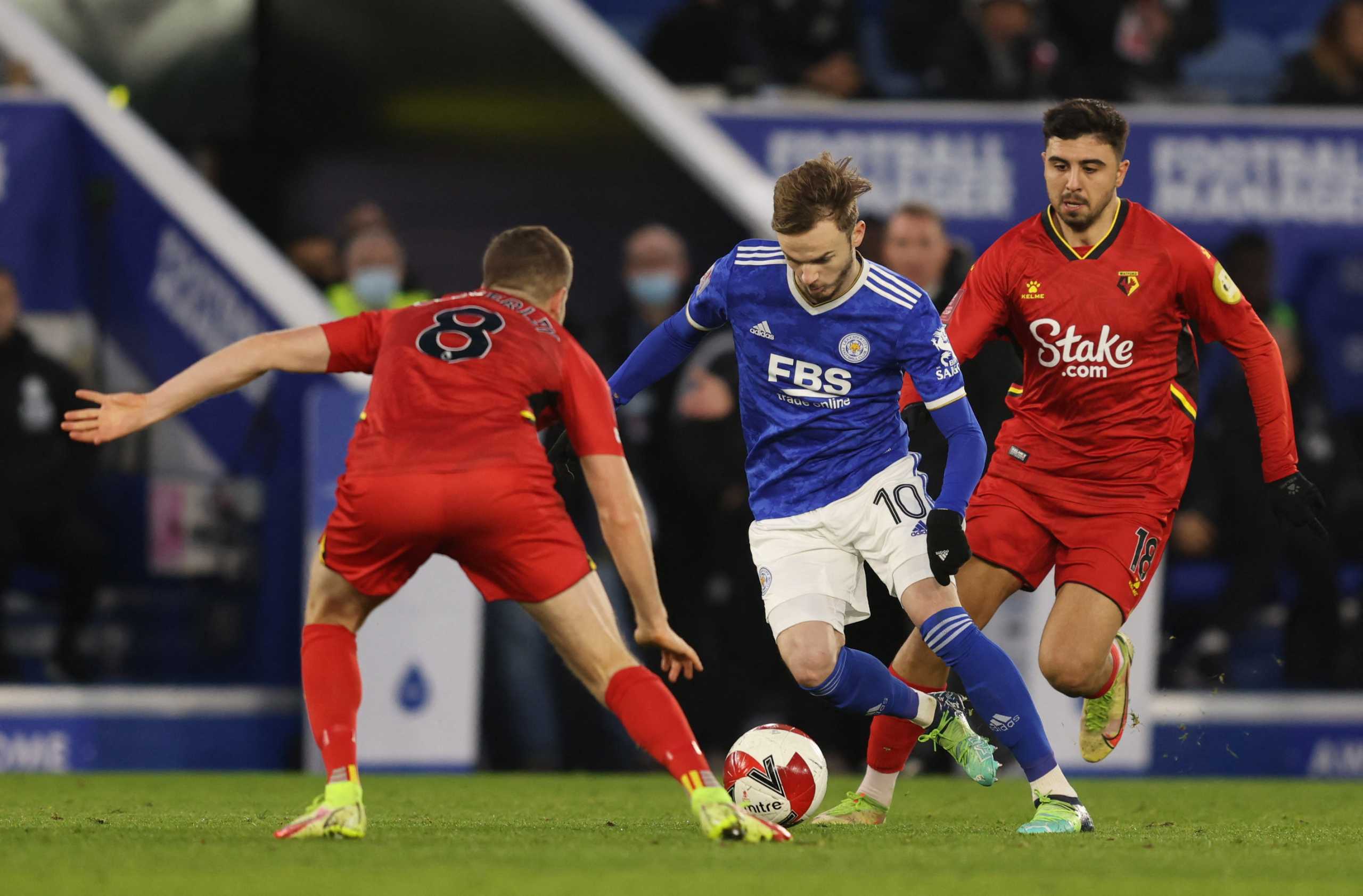 Soccer Football - FA Cup Third Round - Leicester City v Watford - King Power Stadium, Leicester, Britain - January 8, 2022 Leicester City's James Maddison in action with Watford's Tom Cleverley Action Images via Reuters