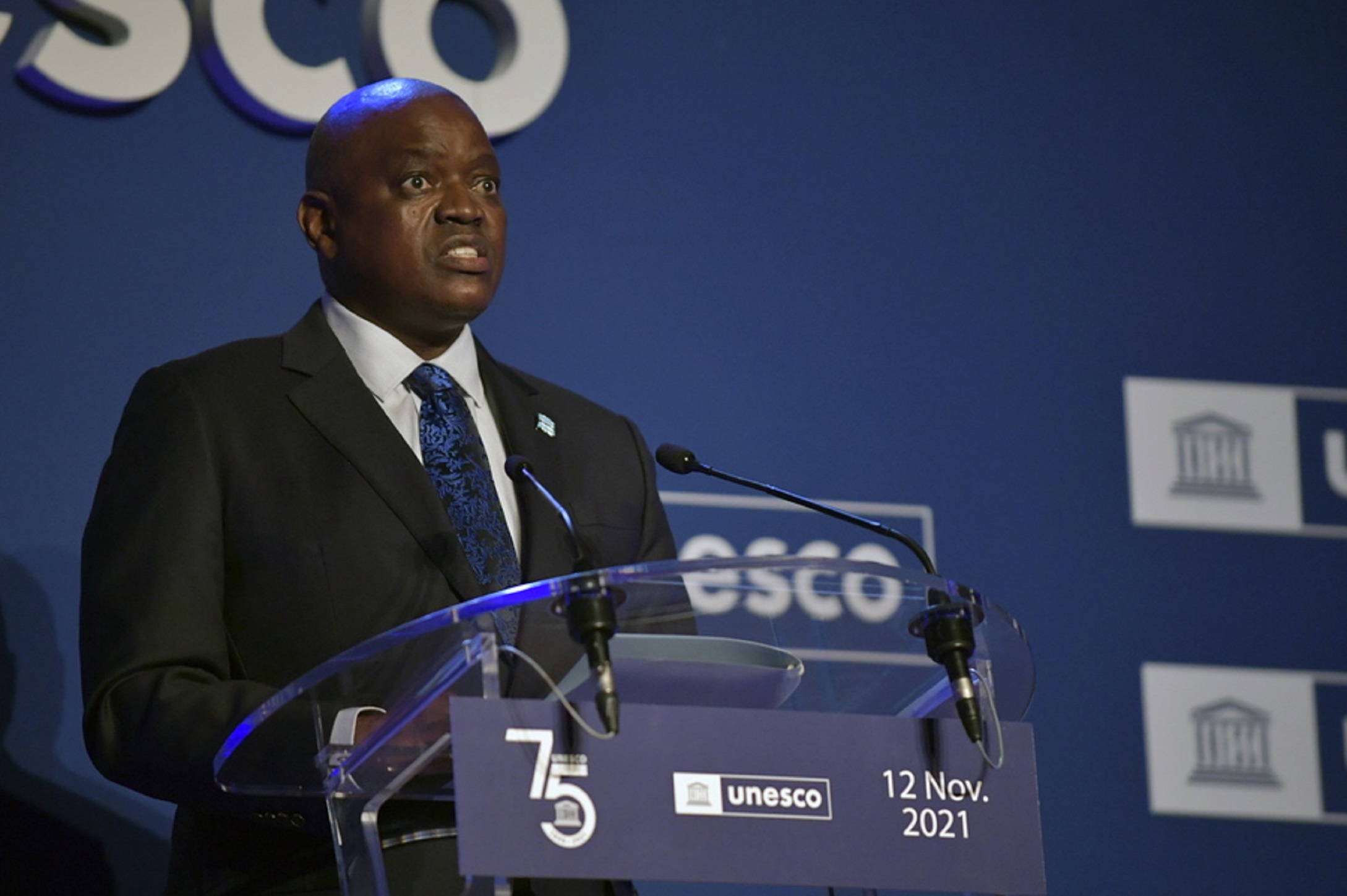 epa09578776 Botswana's president Mokgweetsi Masisi gives a speech during the 75th anniversary celebrations of The United Nations Educational, Scientific and Cultural Organization (UNESCO) at UNESCO headquarters in Paris, France, 12 November 2021.  EPA