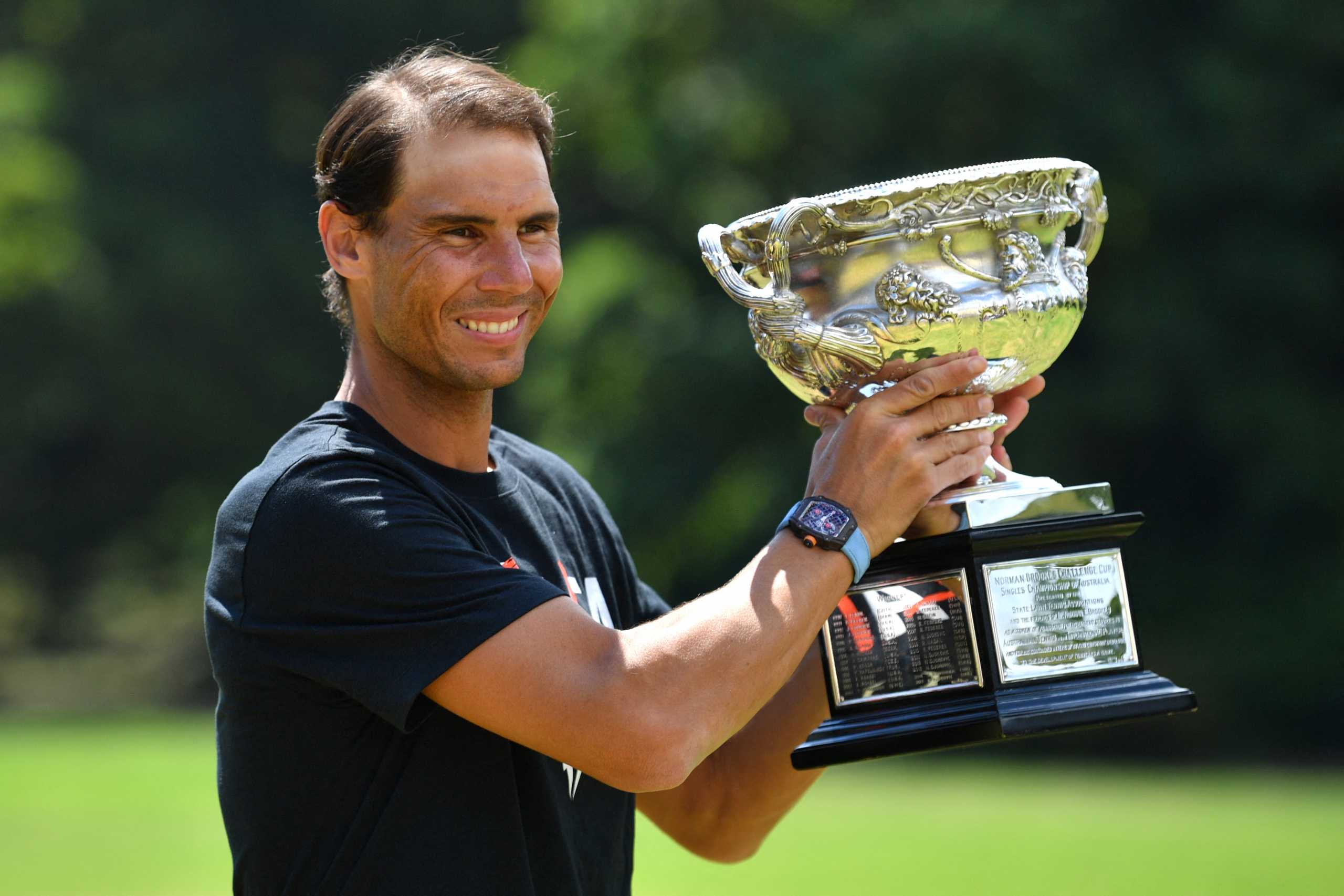 Tennis - Australian Open - Men's Singles Photo Shoot - Melbourne, Australia - January 31, 2022 Spain's Rafael Nadal poses with the Norman Brookes Challenge Cup trophy after winning the Australian Open Joel Carrett