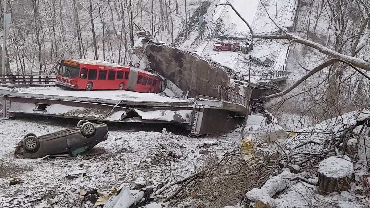 Damaged vehicles are seen at the scene of a collapsed bridge in Pittsburgh, Pennsylvania, U.S. January 28, 2022, in this image obtained from a social media video. John Taylor via REUTERS MANDATORY CREDIT THIS IMAGE HAS BEEN SUPPLIED BY A THIRD PARTY. NO RESALES. NO ARCHIVES
