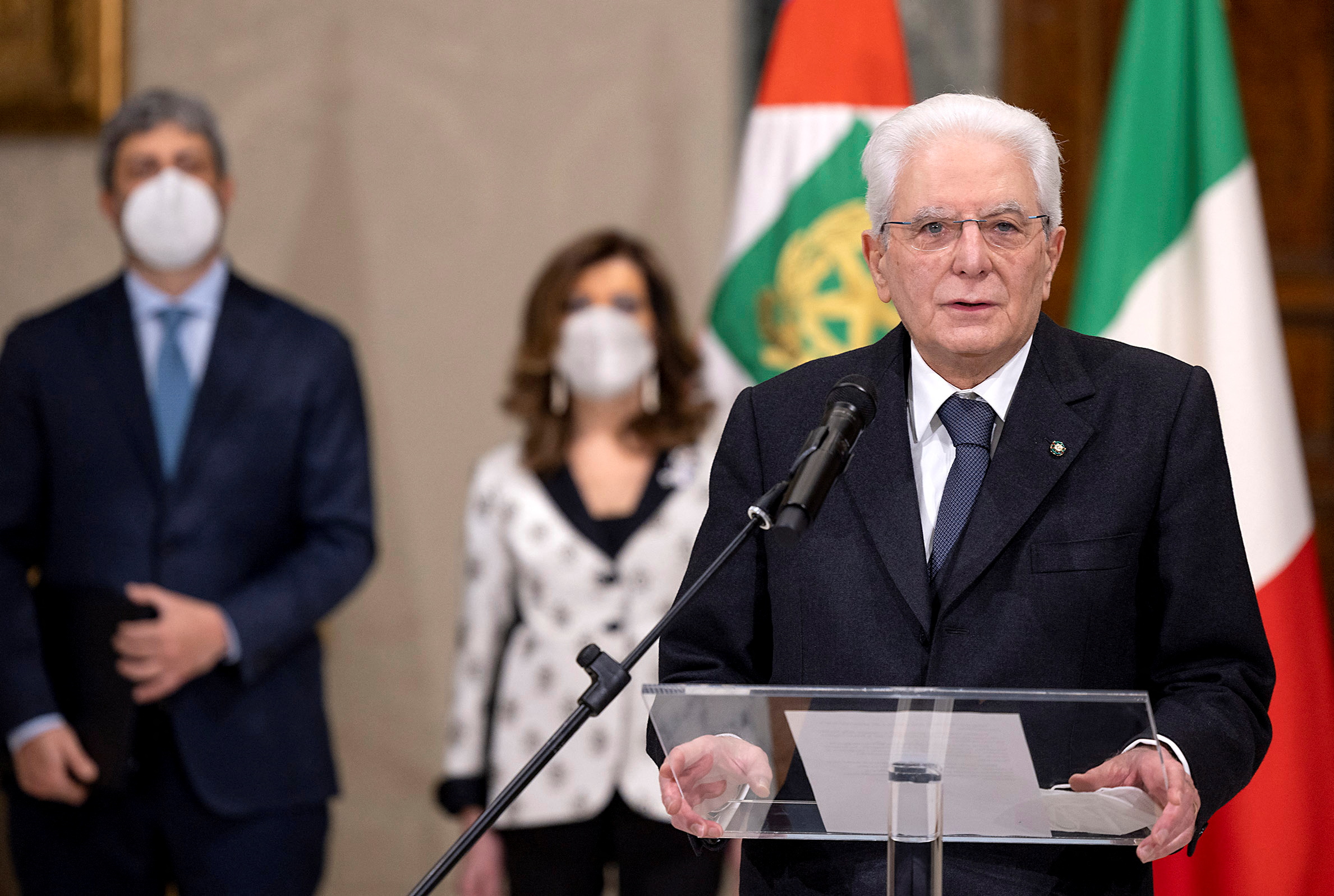 Italian President Sergio Mattarella gives a speech after being re-elected by lawmakers for a second term, in Rome, Italy January 29, 2022. Italian Presidency