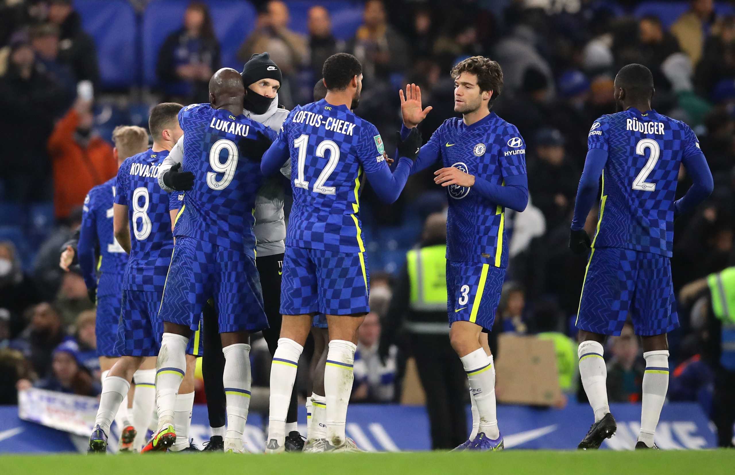 Soccer Football - Carabao Cup - Semi Final - First Leg - Chelsea v Tottenham Hotspur - Stamford Bridge, London, Britain - January 5, 2022 Chelsea's Marcos Alonso celebrates with teammates after the match REUTERS