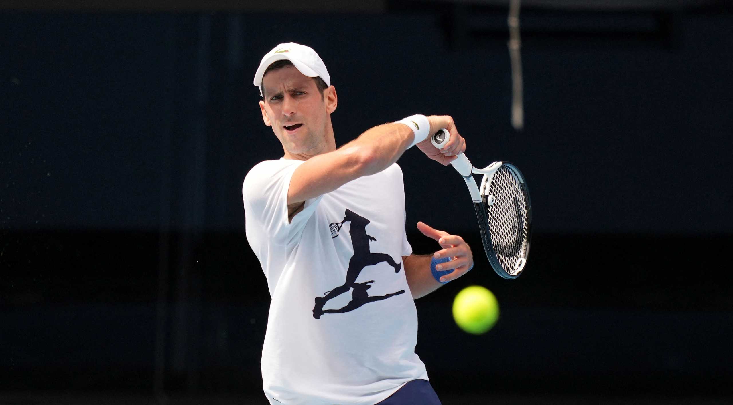 Serbian tennis player Novak Djokovic practices ahead of the Australian Open at Melbourne Park in Melbourne, Australia, January 11, 2022.  Tennis Australia