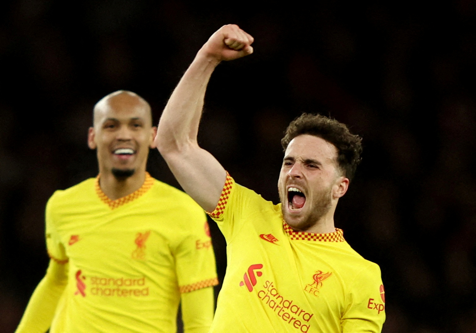Soccer Football - Carabao Cup - Semi Final - Second Leg - Arsenal v Liverpool - Emirates Stadium, London, Britain - January 20, 2022 Liverpool's Diogo Jota celebrates scoring their second goal REUTERS