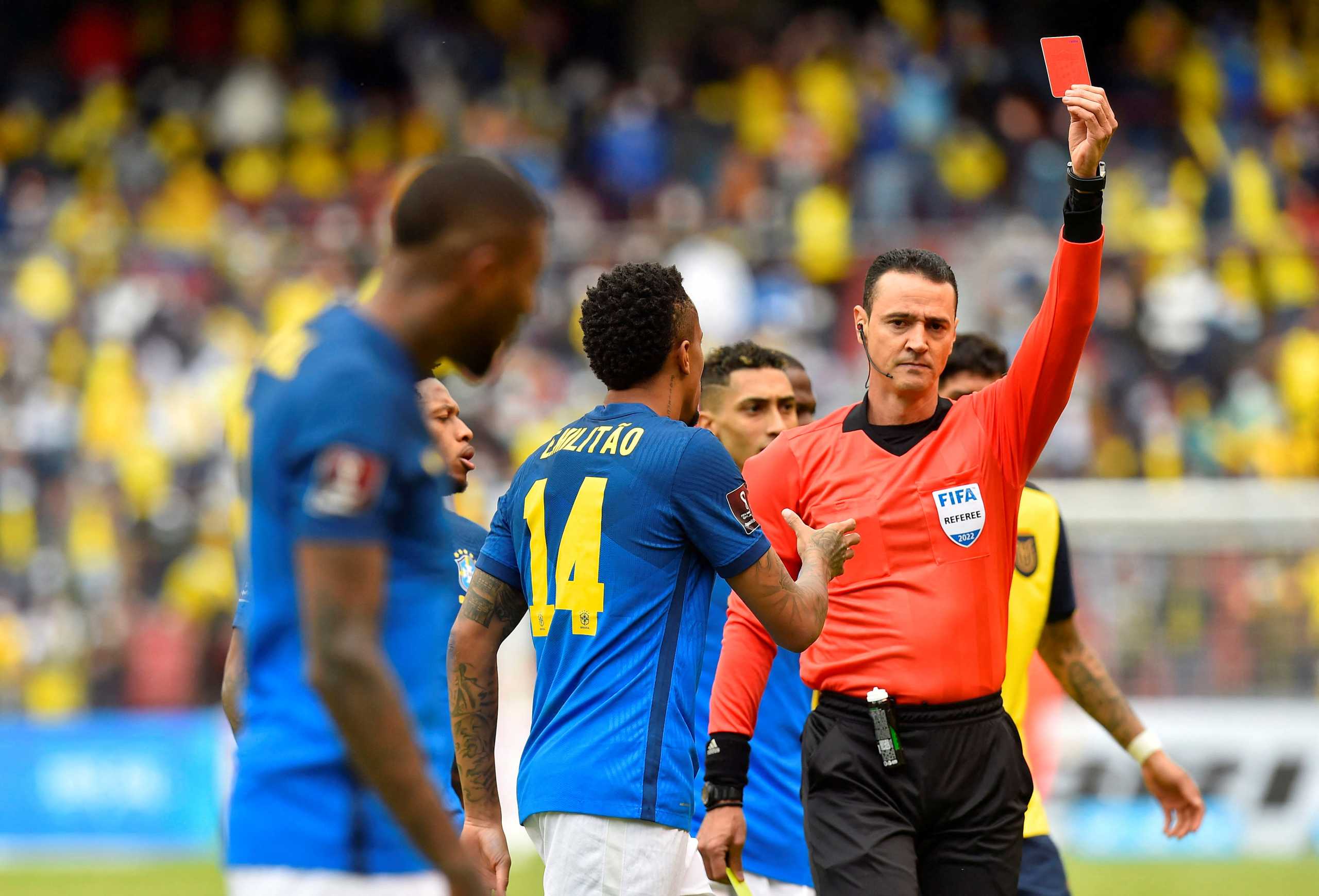 Soccer Football - World Cup - South American Qualifiers - Ecuador v Brazil - Estadio Rodrigo Paz Delgado, Quito, Ecuador - January 27, 2022 Brazil's Emerson is shown a red card by referee Wilmar Roldan Pool via REUTERS