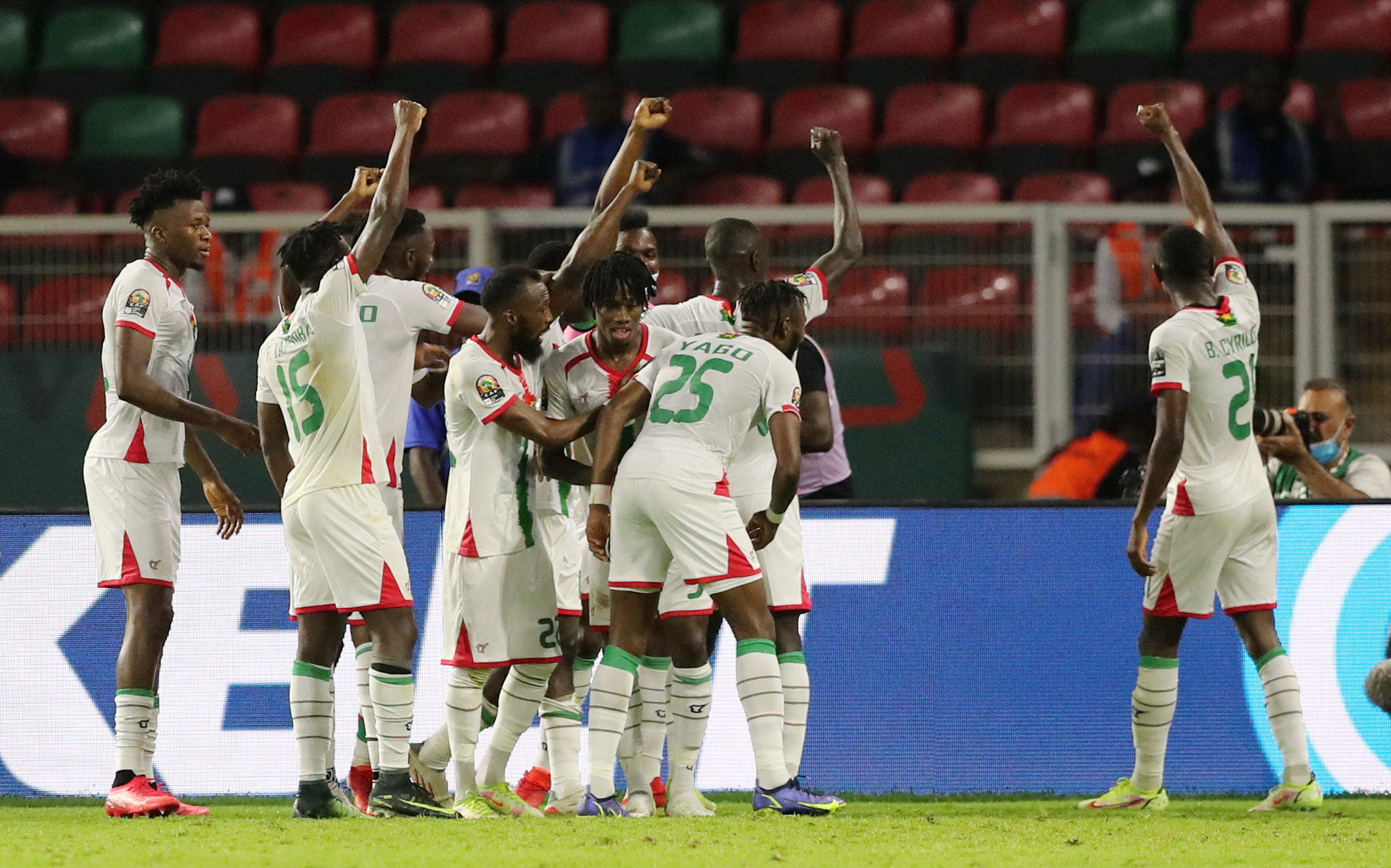 Soccer Football - Africa Cup of Nations - Group A - Cape Verde v Burkina Faso - Stade d'Olembe, Yaounde, Cameroon - January 13, 2022 Burkina Faso's Hassane Bande celebrates scoring their first goal with teammates REUTERS