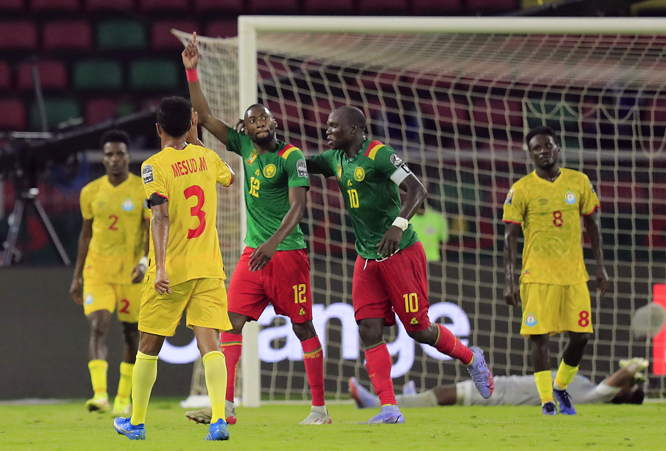 Soccer Football - Africa Cup of Nations - Group A - Cameroon v Ethiopia - Stade d'Olembe, Yaounde, Cameroon - January 13, 2022  Cameroon's Karl Toko-Ekambi celebrates scoring their fourth goal with Vincent Aboubakar REUTERS