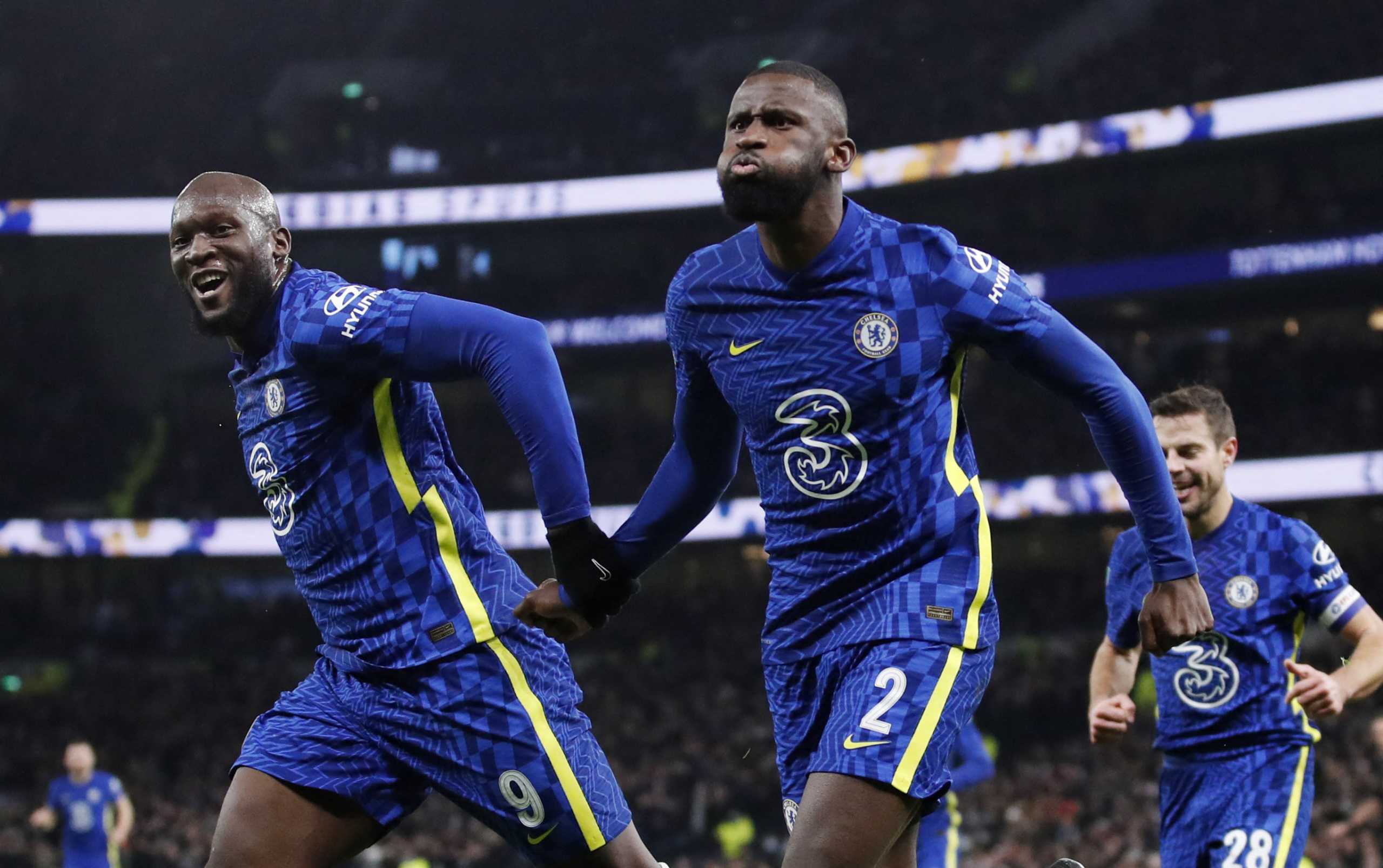 Soccer Football - Carabao Cup - Semi Final - Second Leg - Tottenham Hotspur v Chelsea - Tottenham Hotspur Stadium, London, Britain - January 12, 2022 Chelsea's Antonio Rudiger celebrates scoring their first goal with Romelu Lukaku Action Images via Reuters