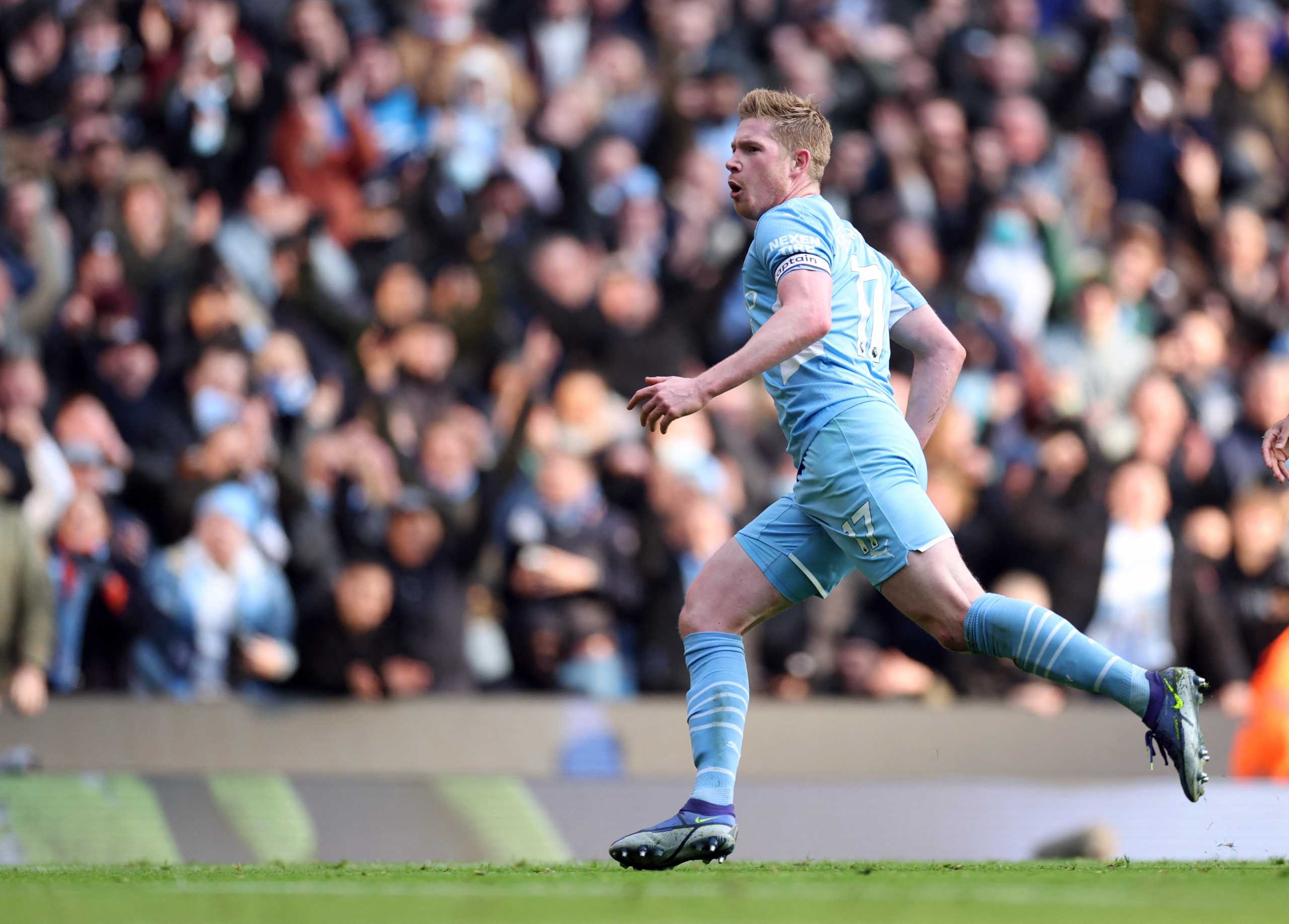 Soccer Football - Premier League - Manchester City v Chelsea - Etihad Stadium, Manchester, Britain - January 15, 2022 Manchester City's Kevin De Bruyne celebrates scoring their first goal Action Images via Reuters