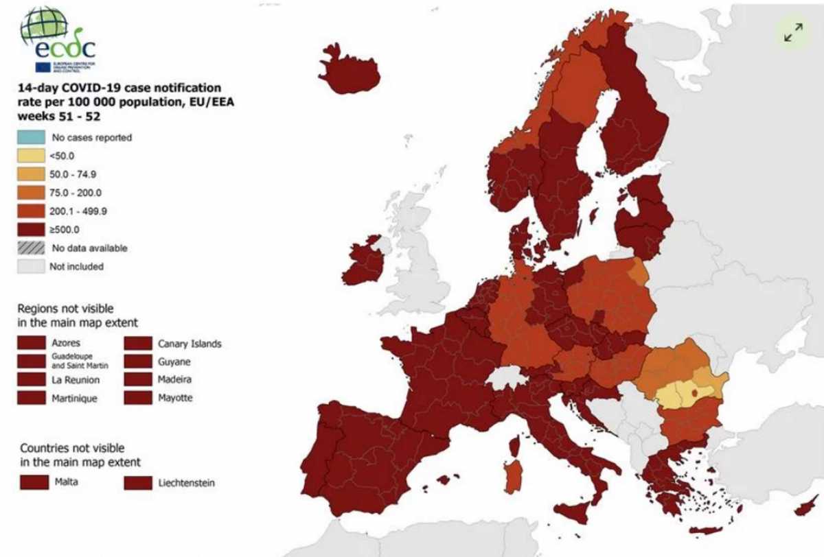 Κορονοϊός: «Κόκκινο βαθύ» στην Ελλάδα – Οι χάρτες του ECDC για κρούσματα, θετικότητα και τεστ