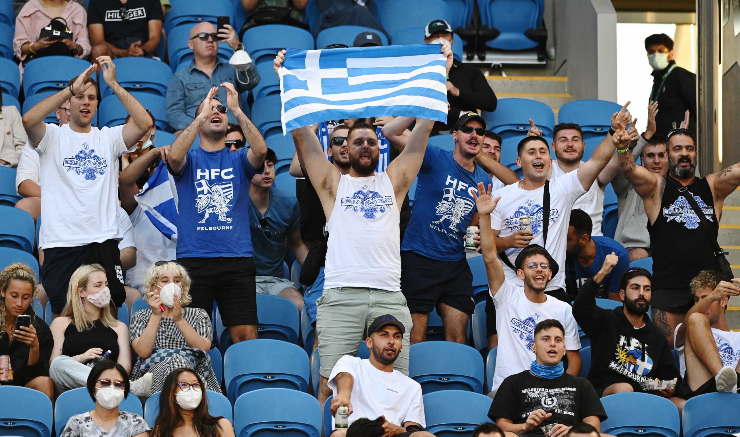 Tennis - Australian Open - Melbourne Park, Melbourne, Australia - January 19, 2022 Fans of Greece's Maria Sakkari are seen in the stands before her second round match against China's Qinwen Zheng REUTERS