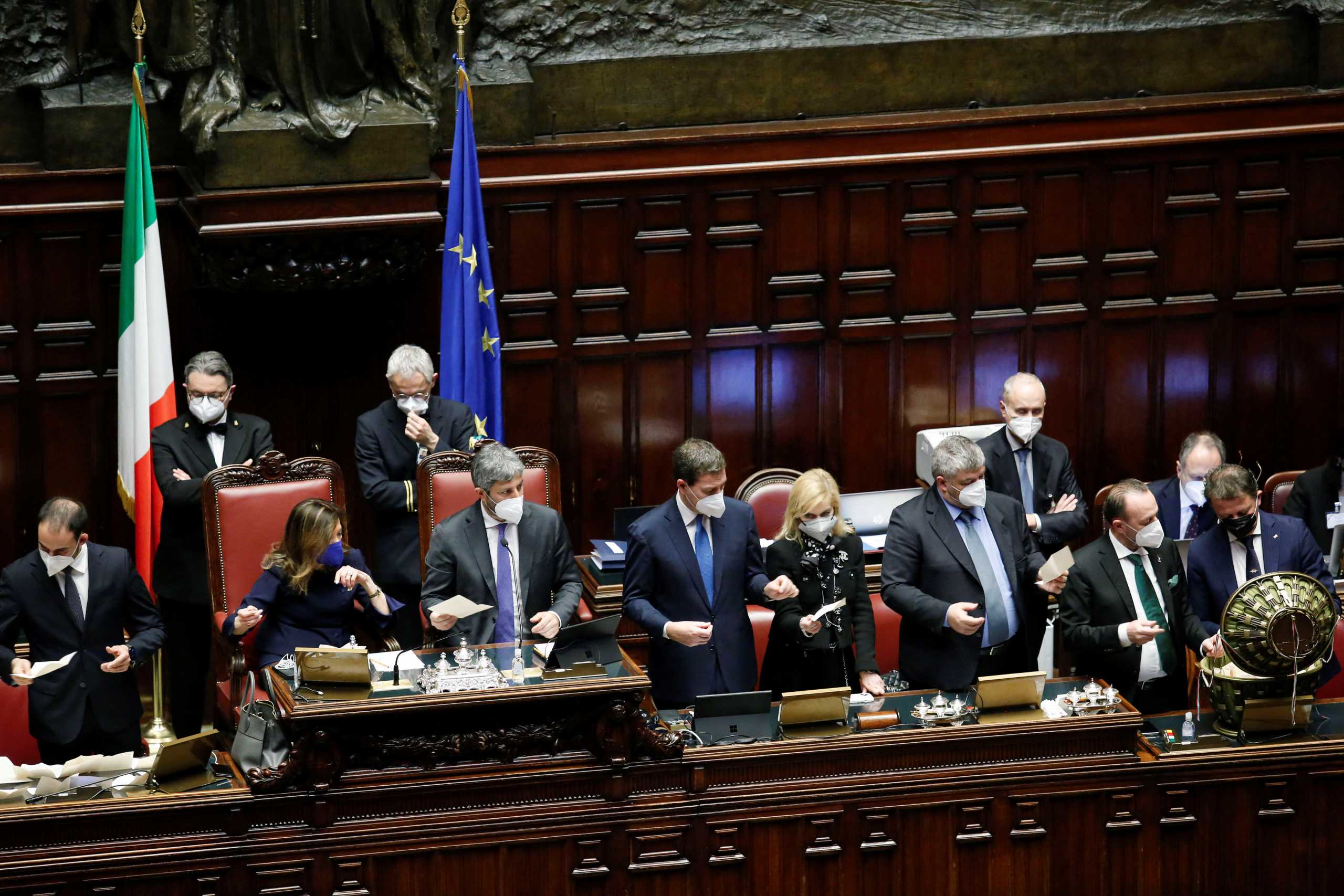 A general view as President of the Italian Senate Maria Elisabetta Alberti Casellati and President of the Italian Chamber of Deputies Roberto Fico count ballots at the end of a voting session to elect Italy's new president, at the Chamber of Deputies in Rome, Italy, January 27, 2022. REUTERS