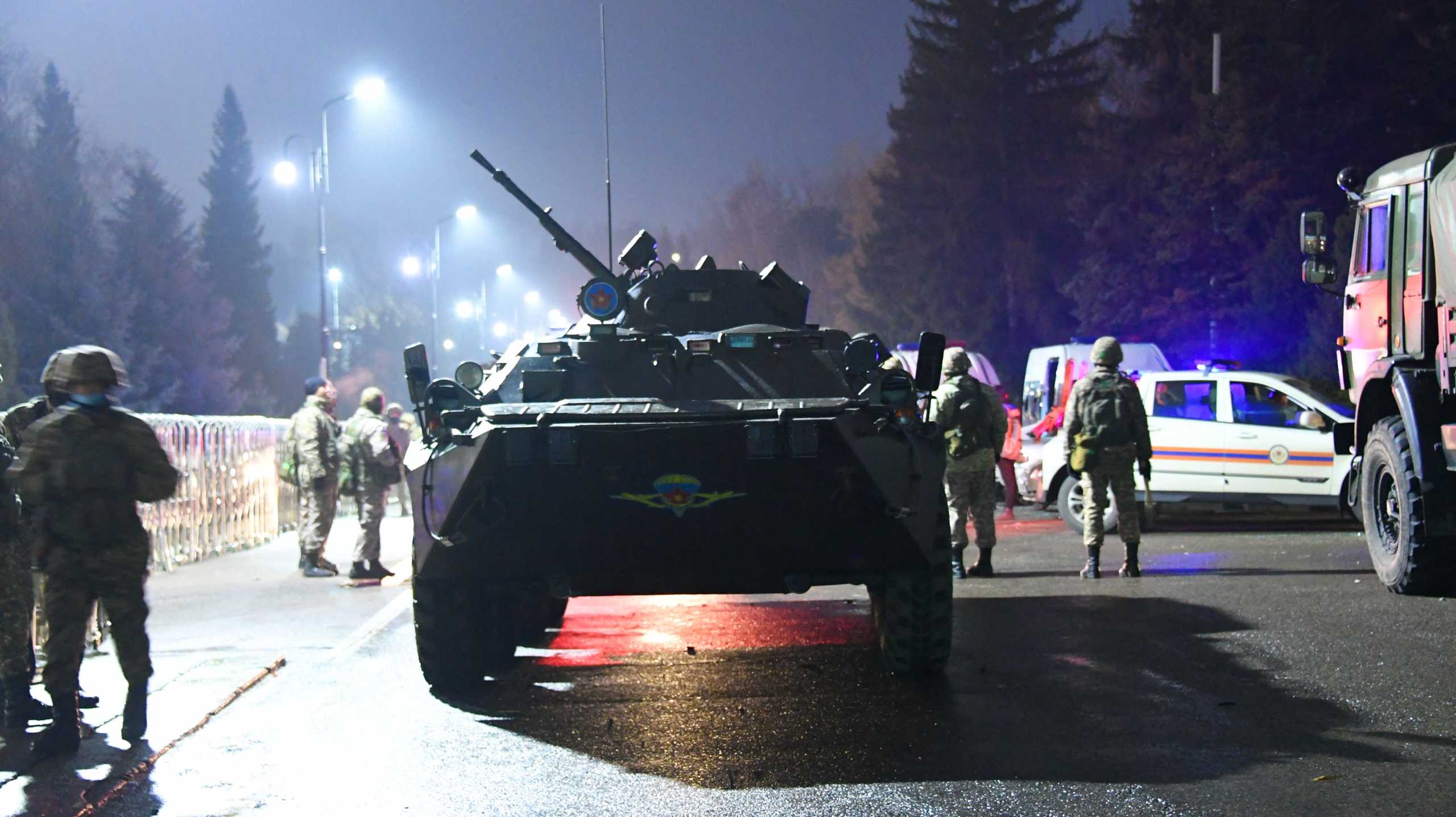 An armoured personnel carrier is seen near the mayor's office during protests triggered by fuel price increase in Almaty, Kazakhstan January 5, 2022. REUTERS