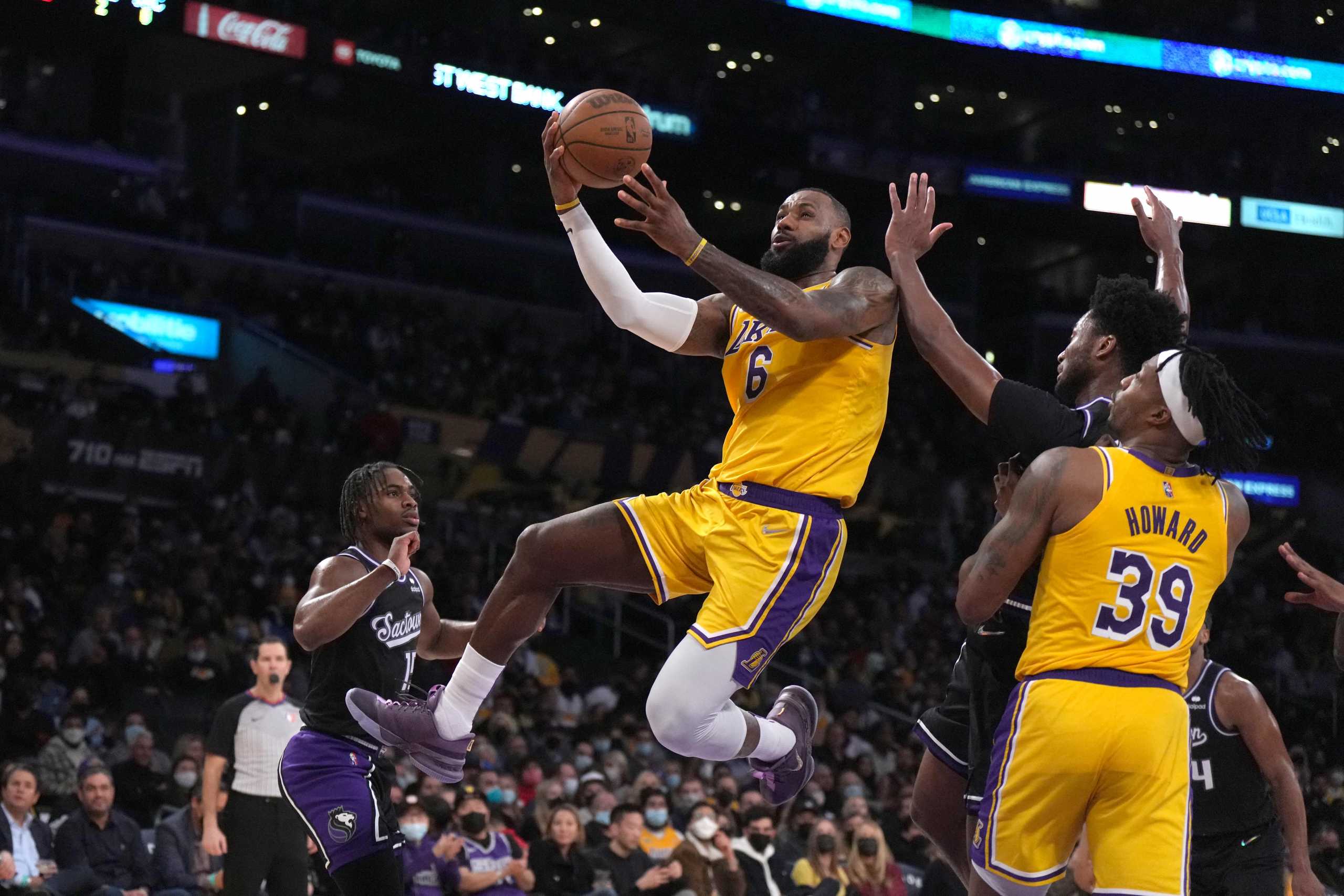 Jan 4, 2022; Los Angeles, California, USA; Los Angeles Lakers forward LeBron James (6) shoots the ball against the Sacramento Kings in the second half at Crypto.com Arena. Mandatory Credit: Kirby Lee-USA TODAY Sports