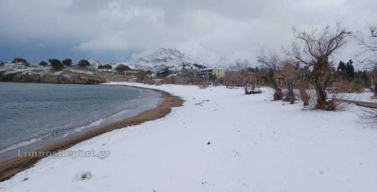 Λήμνος: Πυκνό χιόνι έχει καλύψει μέχρι και τις παραλίες