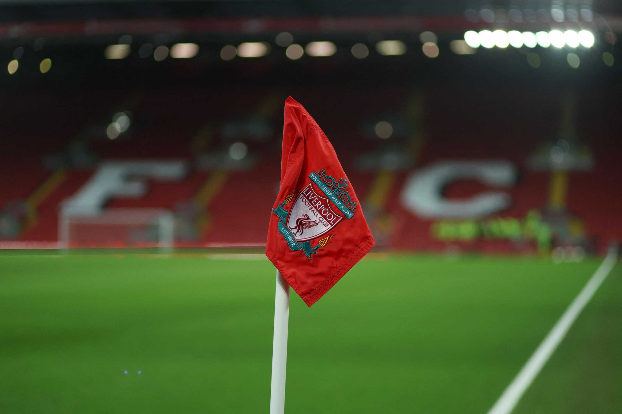 Soccer Football - Premier League - Liverpool v Brentford - Anfield, Liverpool, Britain - January 16, 2022 General view of the corner flag inside the stadium before the match REUTERS