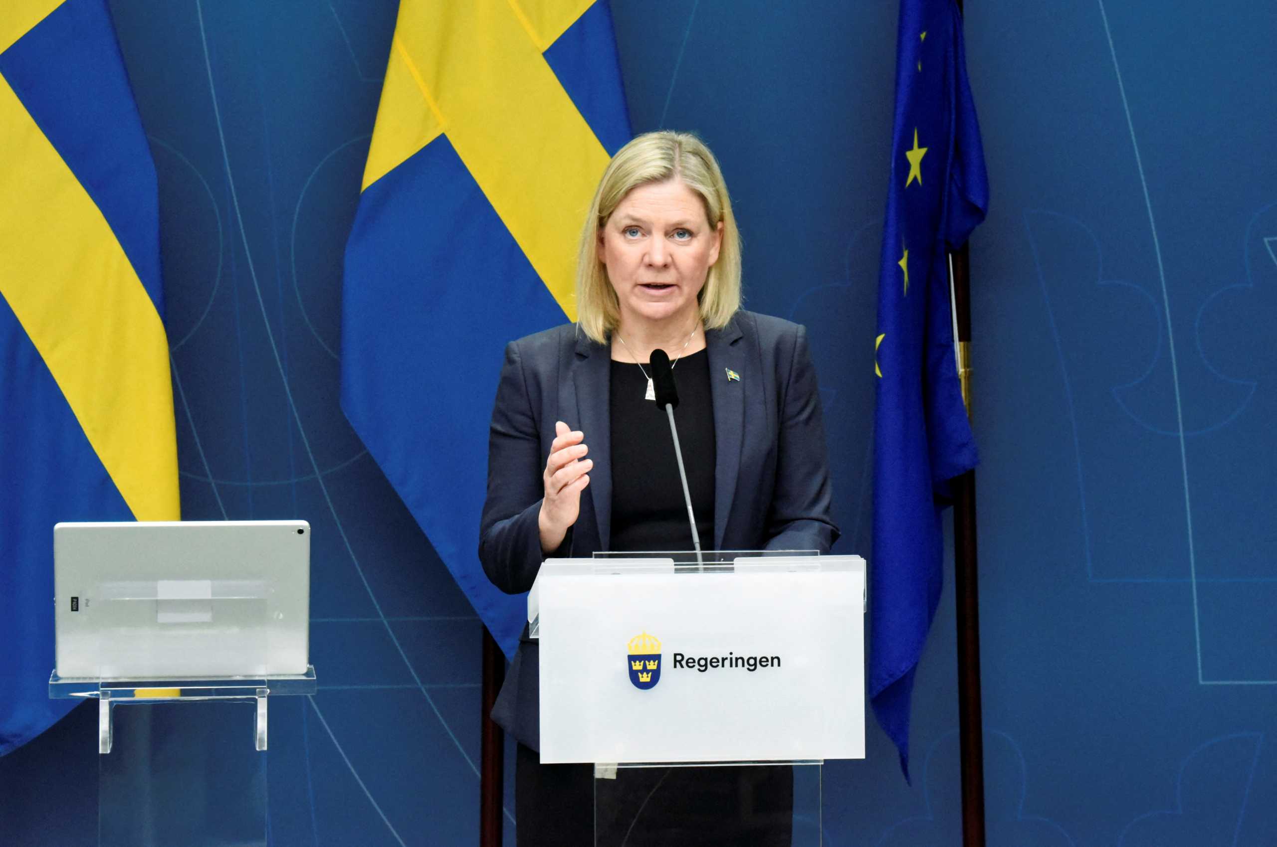 Sweden's Prime Minister Magdalena Andersson presents new coronavirus disease (COVID-19) restrictions during a news conference in Stockholm, Sweden January 10, 2022.  TT News Agency