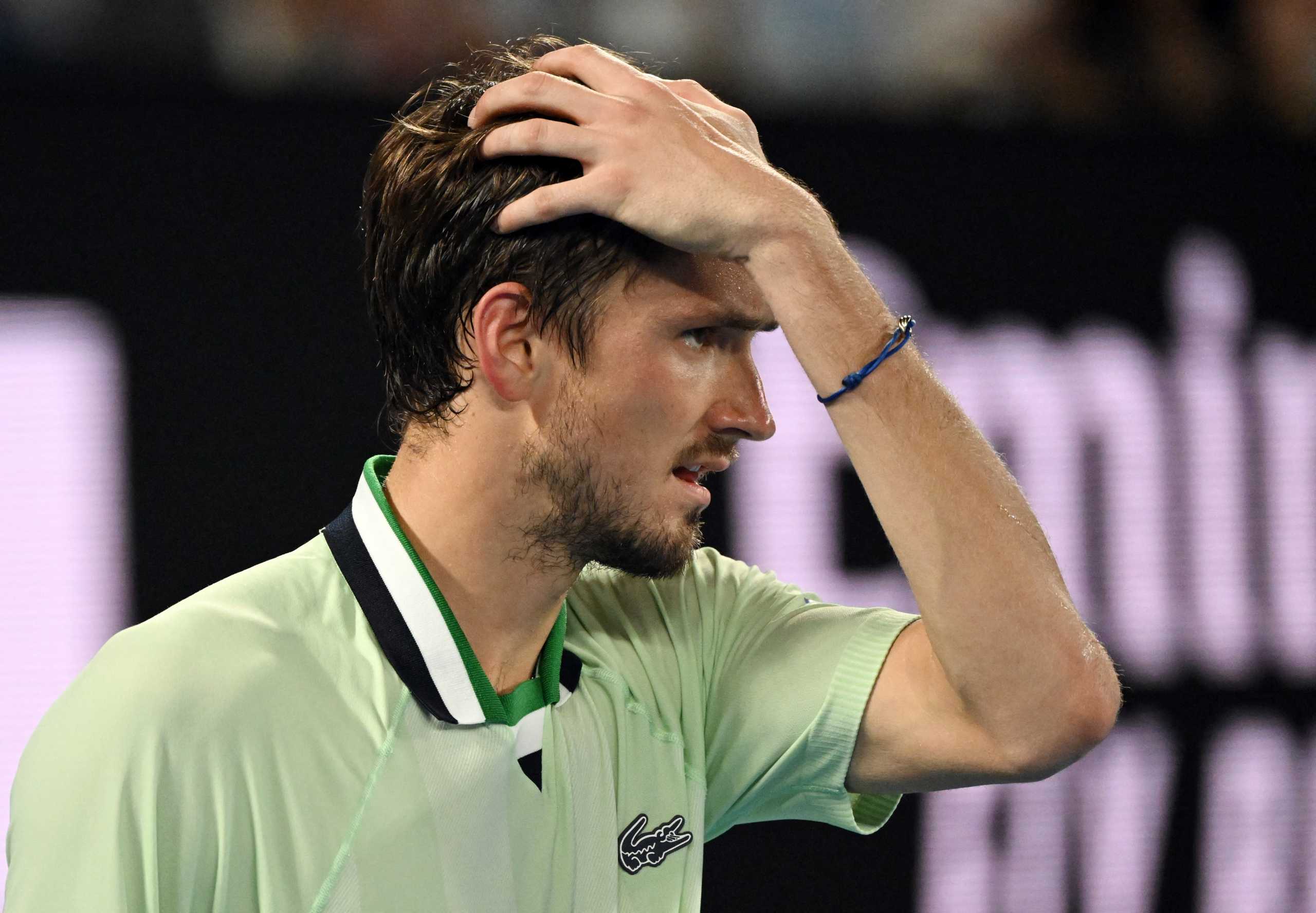 Tennis - Australian Open - Men's Singles Final - Melbourne Park, Melbourne, Australia - January 30, 2022 Russia's Daniil Medvedev reacts during the final against Spain's Rafael Nadal REUTERS