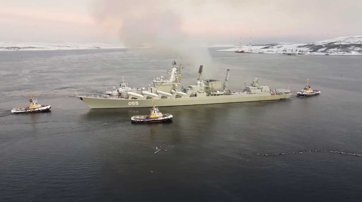 Russian Navy's guided missile cruiser Marshal Ustinov takes part in the drills in the Barents Sea, Russia, in this still image taken from video released January 26, 2022. Russian Defence Ministry