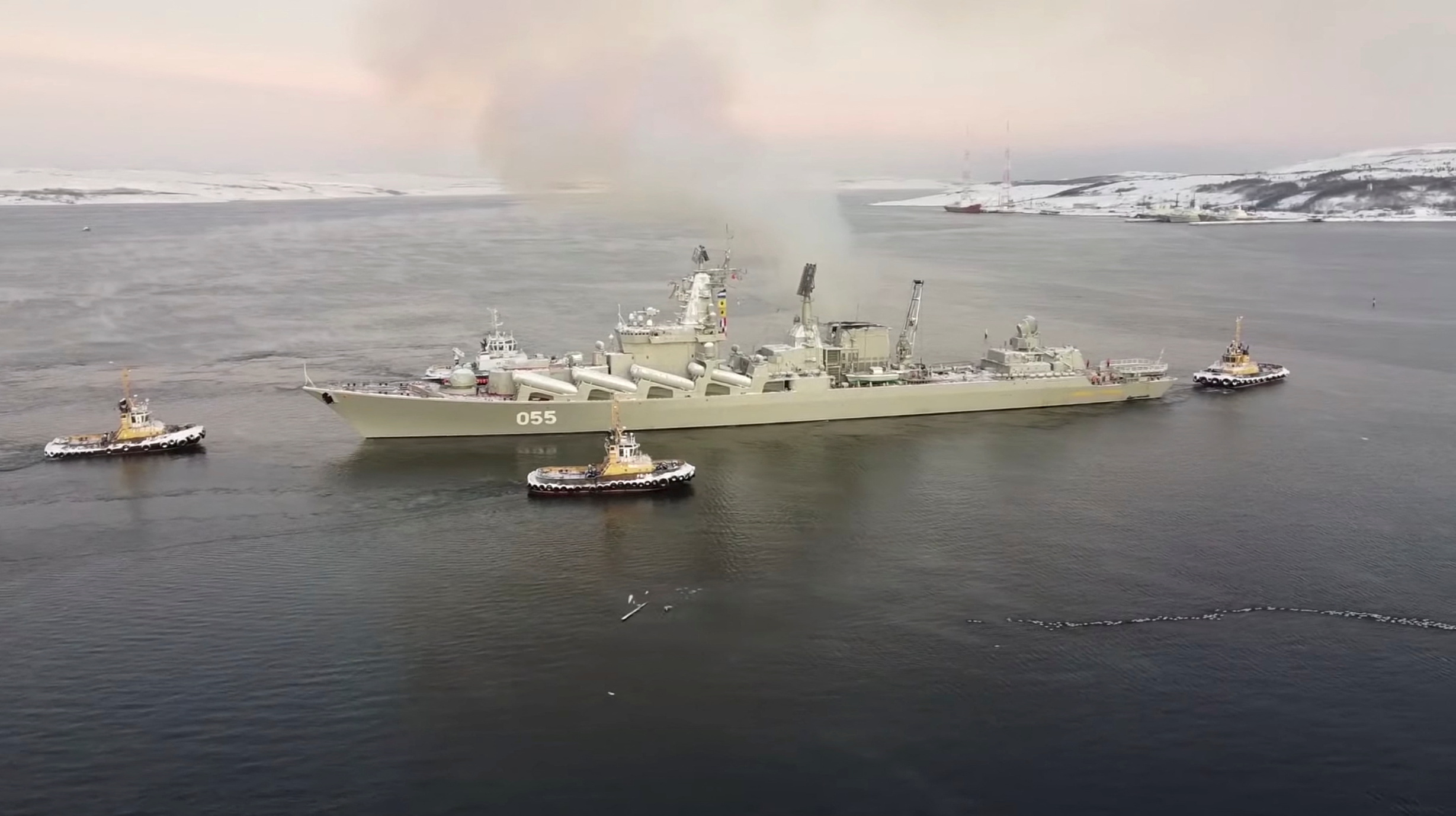 Russian Navy's guided missile cruiser Marshal Ustinov takes part in the drills in the Barents Sea, Russia, in this still image taken from video released January 26, 2022. Russian Defence Ministry