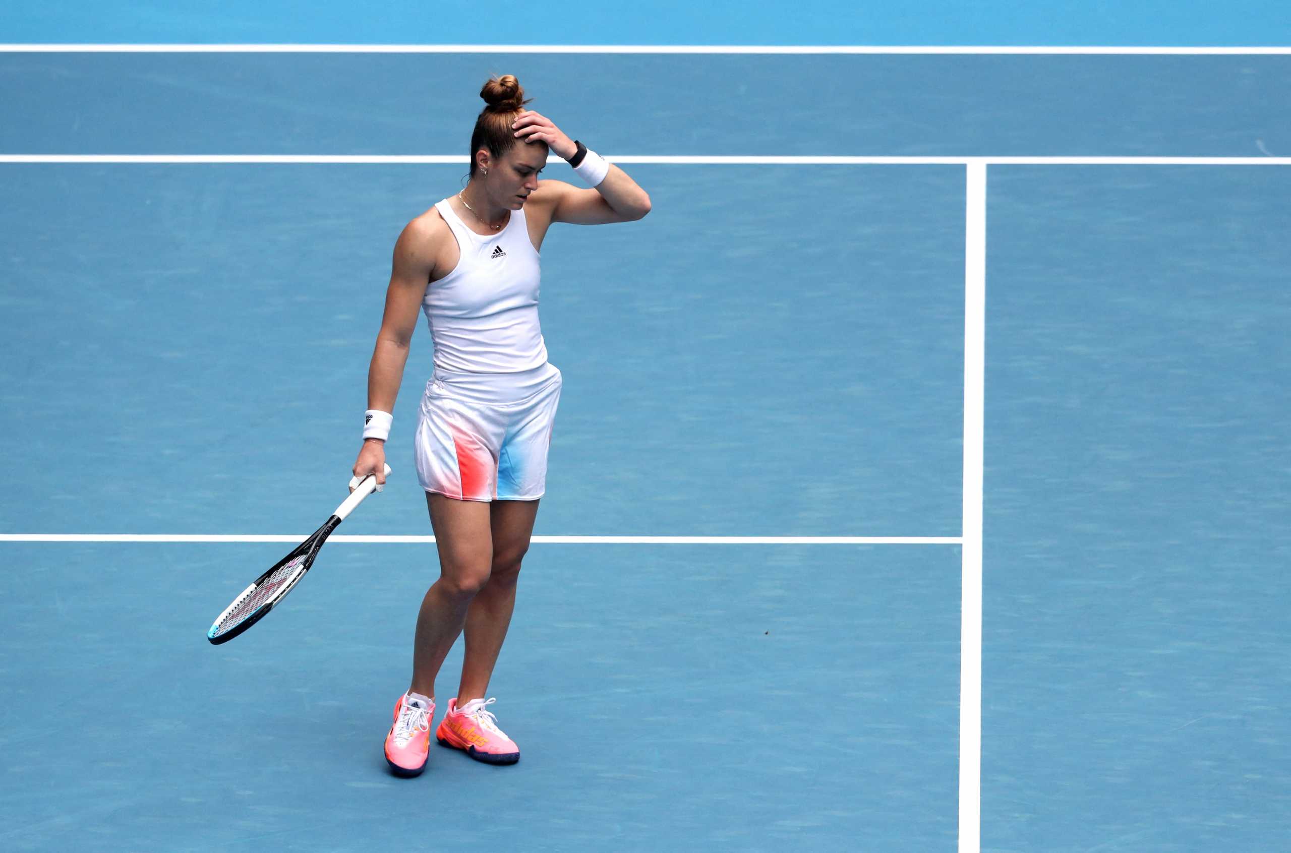 Tennis - Australian Open - Melbourne Park, Melbourne, Australia - January 17, 2022  Greece's Maria Sakkari reacts during her first round match against Germany's Tatjana Maria REUTERS